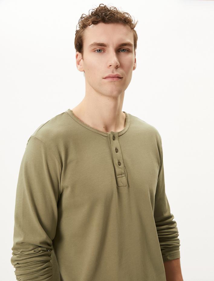  Uzun Kollu Tişört Yuvarlak Yaka Düğme Detaylı Pamuklu