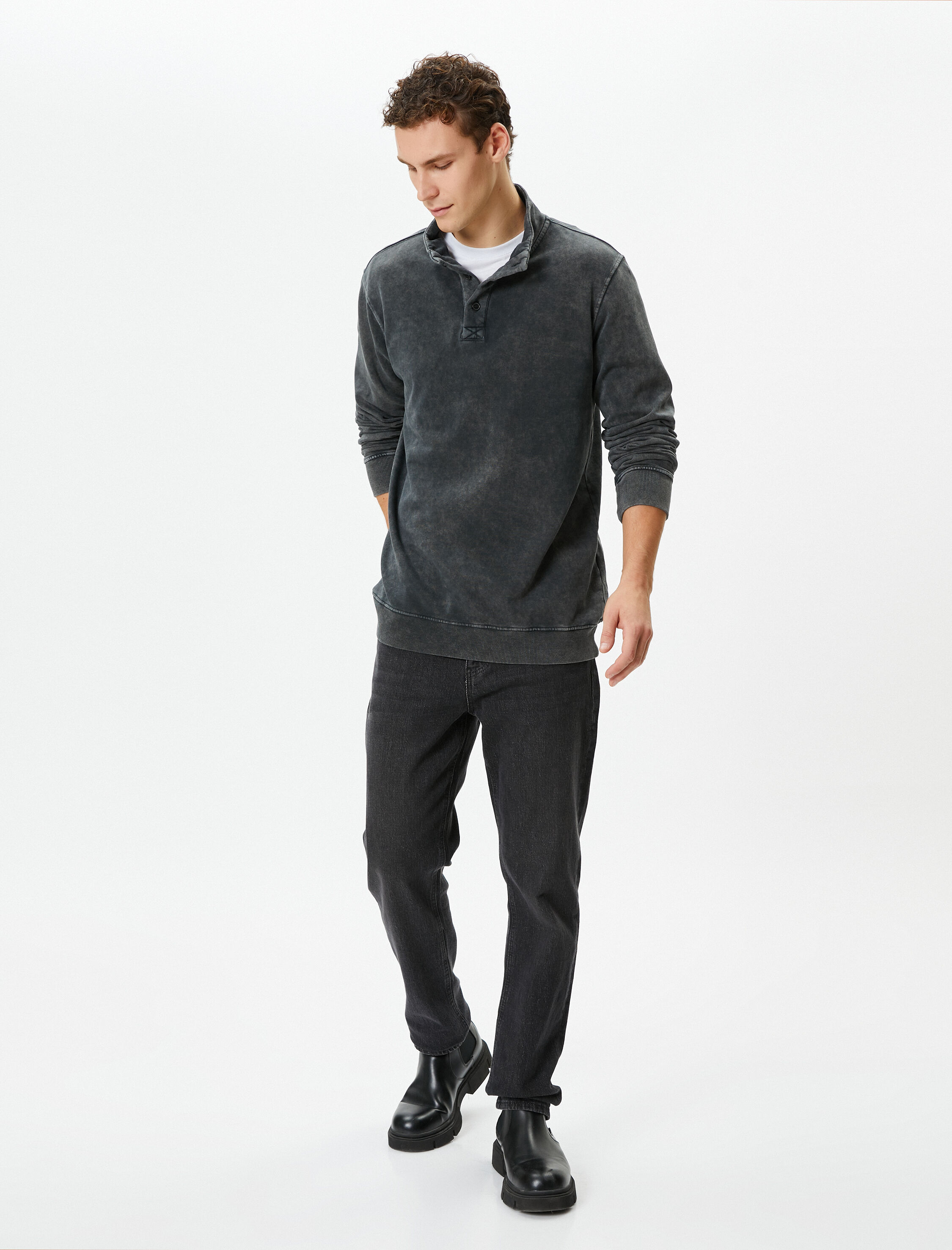   Yıkamalı Sweatshirt Dik Yaka Düğme Detaylı Pamuklu Şardonlu