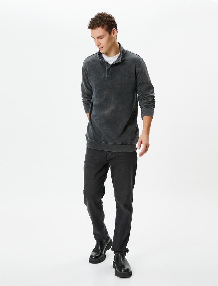  Yıkamalı Sweatshirt Dik Yaka Düğme Detaylı Pamuklu Şardonlu