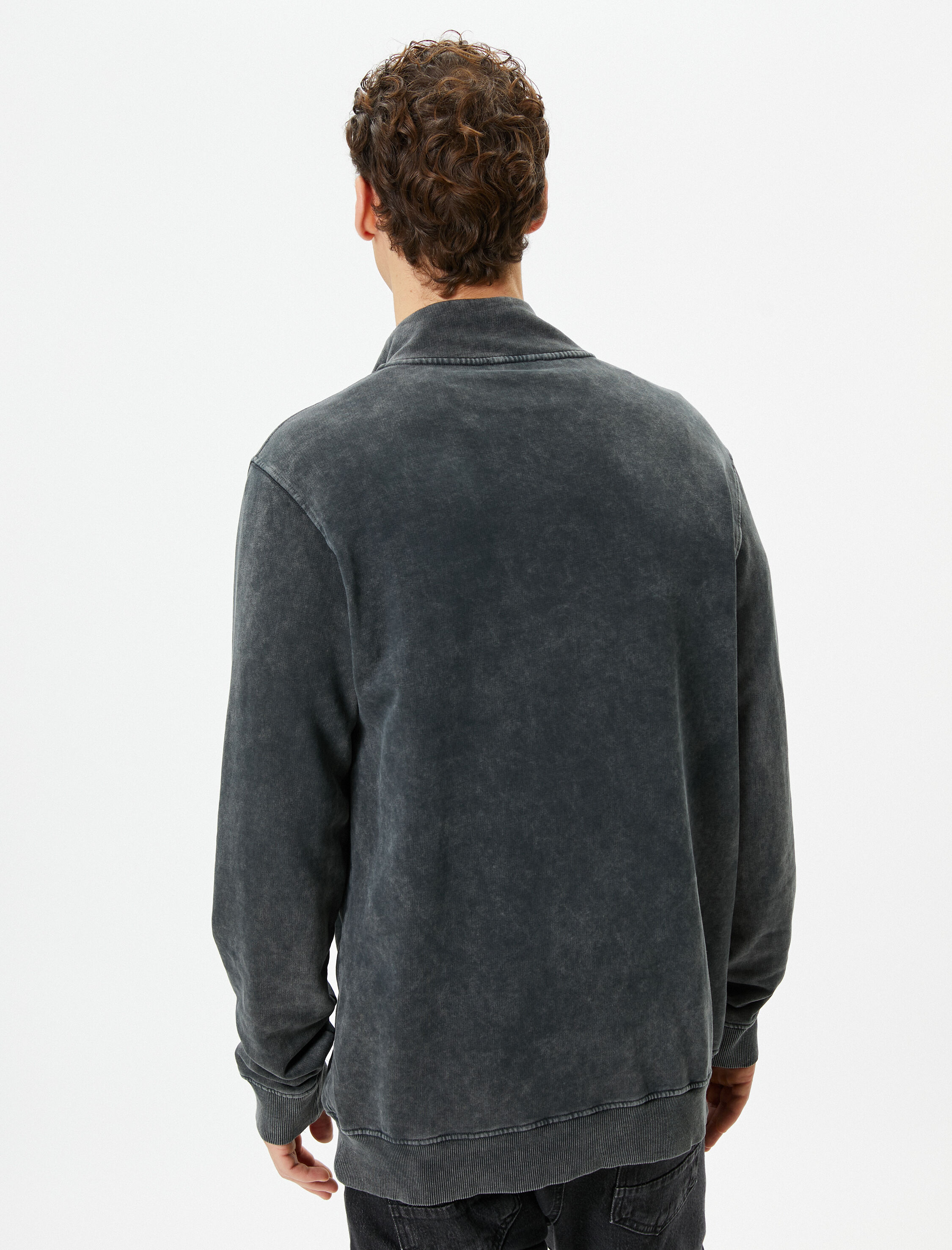   Yıkamalı Sweatshirt Dik Yaka Düğme Detaylı Pamuklu Şardonlu