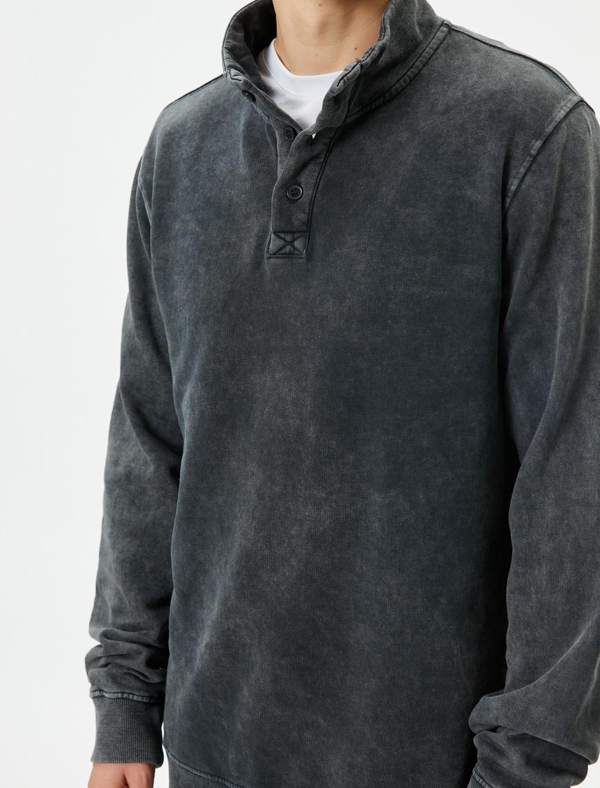   Yıkamalı Sweatshirt Dik Yaka Düğme Detaylı Pamuklu