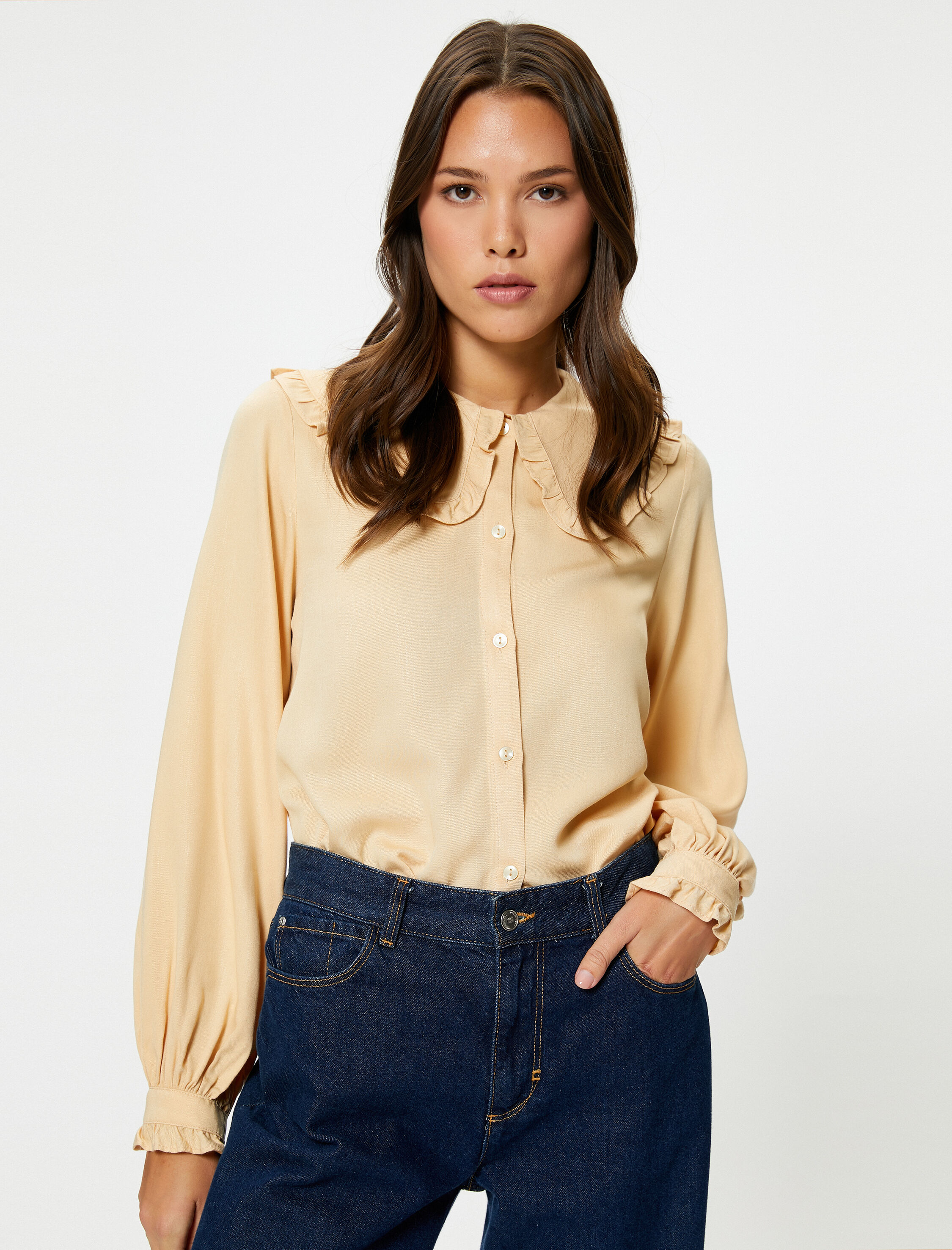   Bebe Yaka Bluz Balon Kollu Fırfırlı Düğmeli Regular Fit