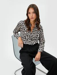 Saten Gömlek Leopar Desenli Cepli Düğmeli Uzun Kollu