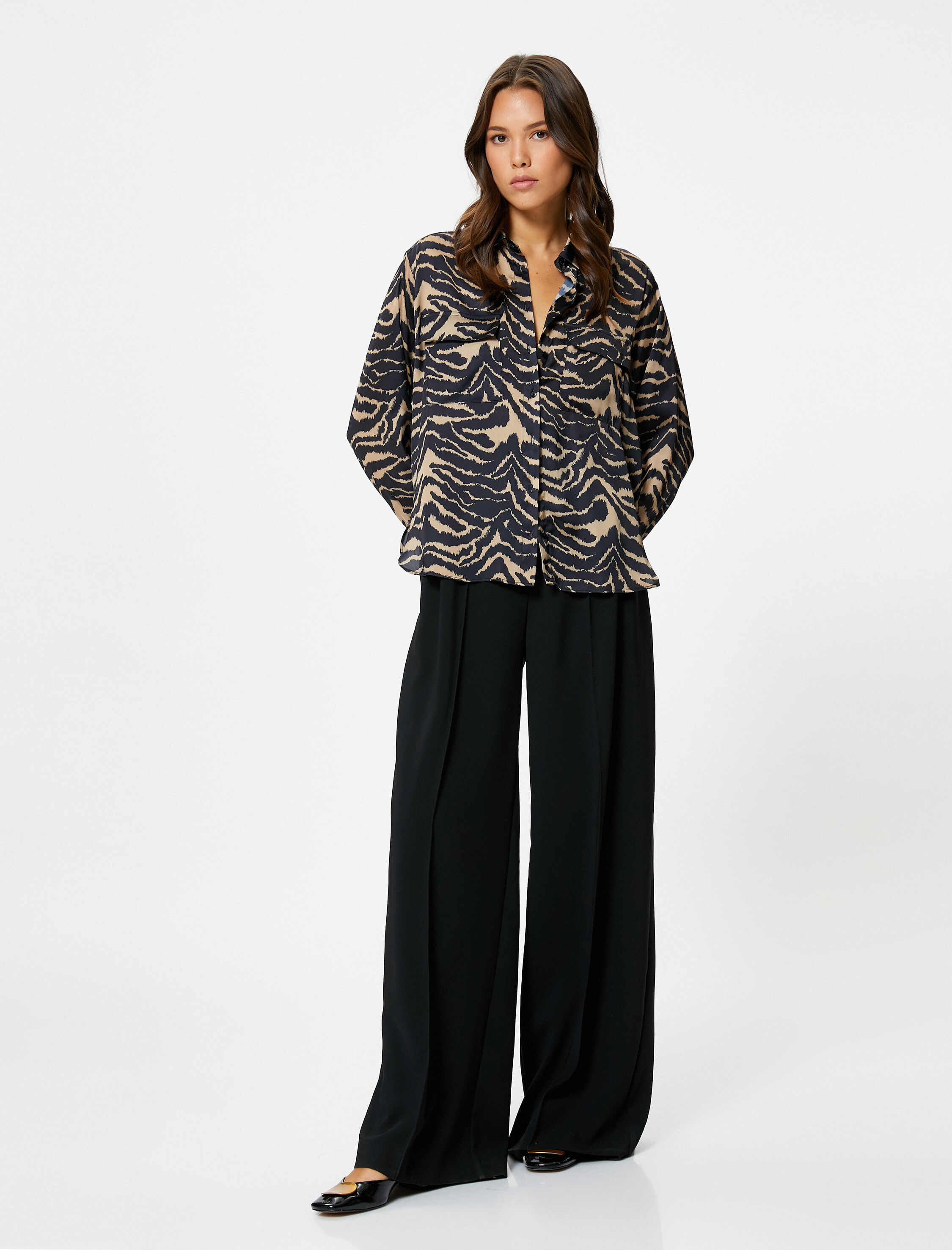   Saten Gömlek Zebra Desenli Cepli Düğmeli Uzun Kollu