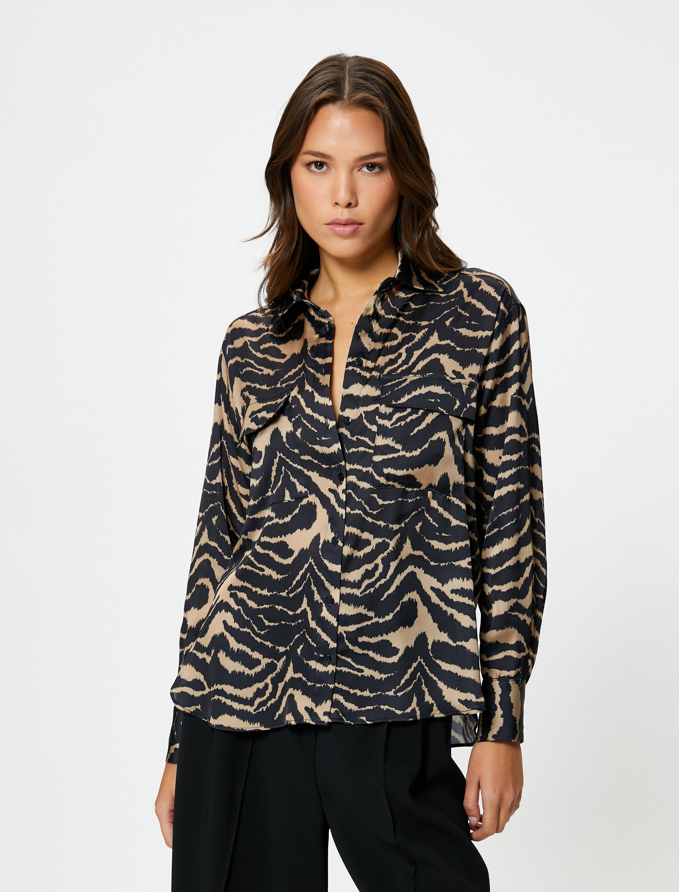   Saten Gömlek Zebra Desenli Cepli Düğmeli Uzun Kollu