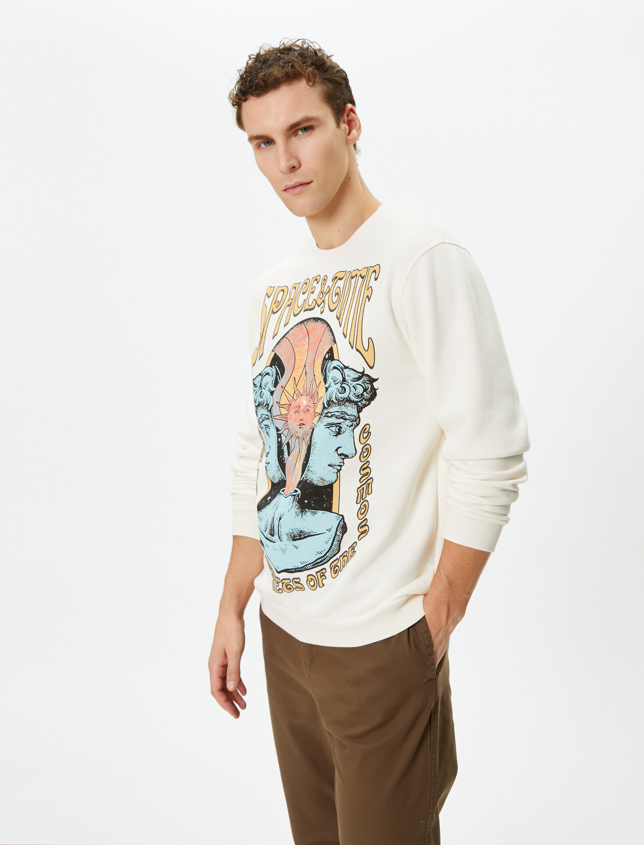   Bisiklet Yaka Sweatshirt Mistik Baskılı Uzun Kollu Ribanalı Şardonlu