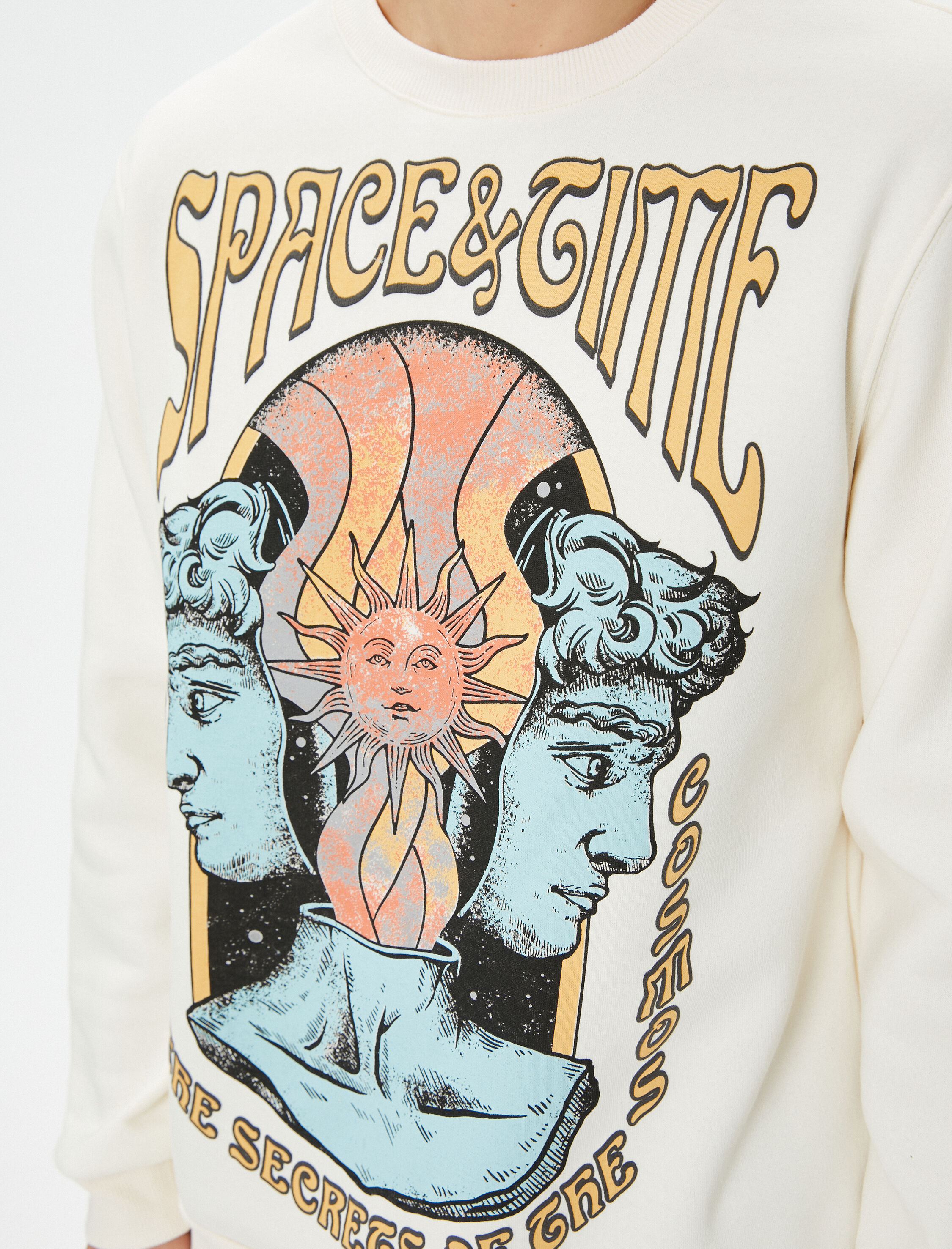   Bisiklet Yaka Sweatshirt Mistik Baskılı Uzun Kollu Ribanalı Şardonlu