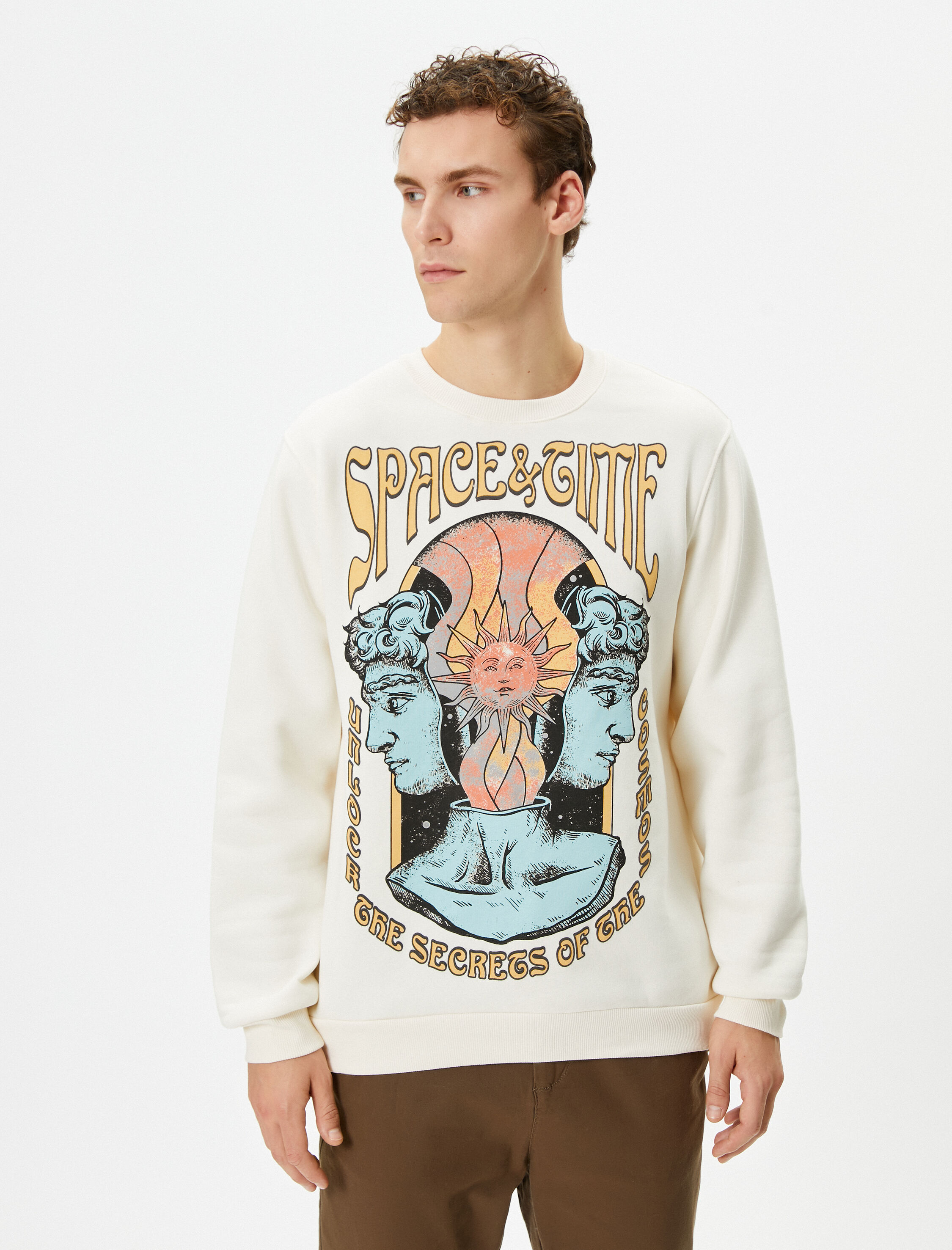   Bisiklet Yaka Sweatshirt Mistik Baskılı Uzun Kollu Ribanalı Şardonlu