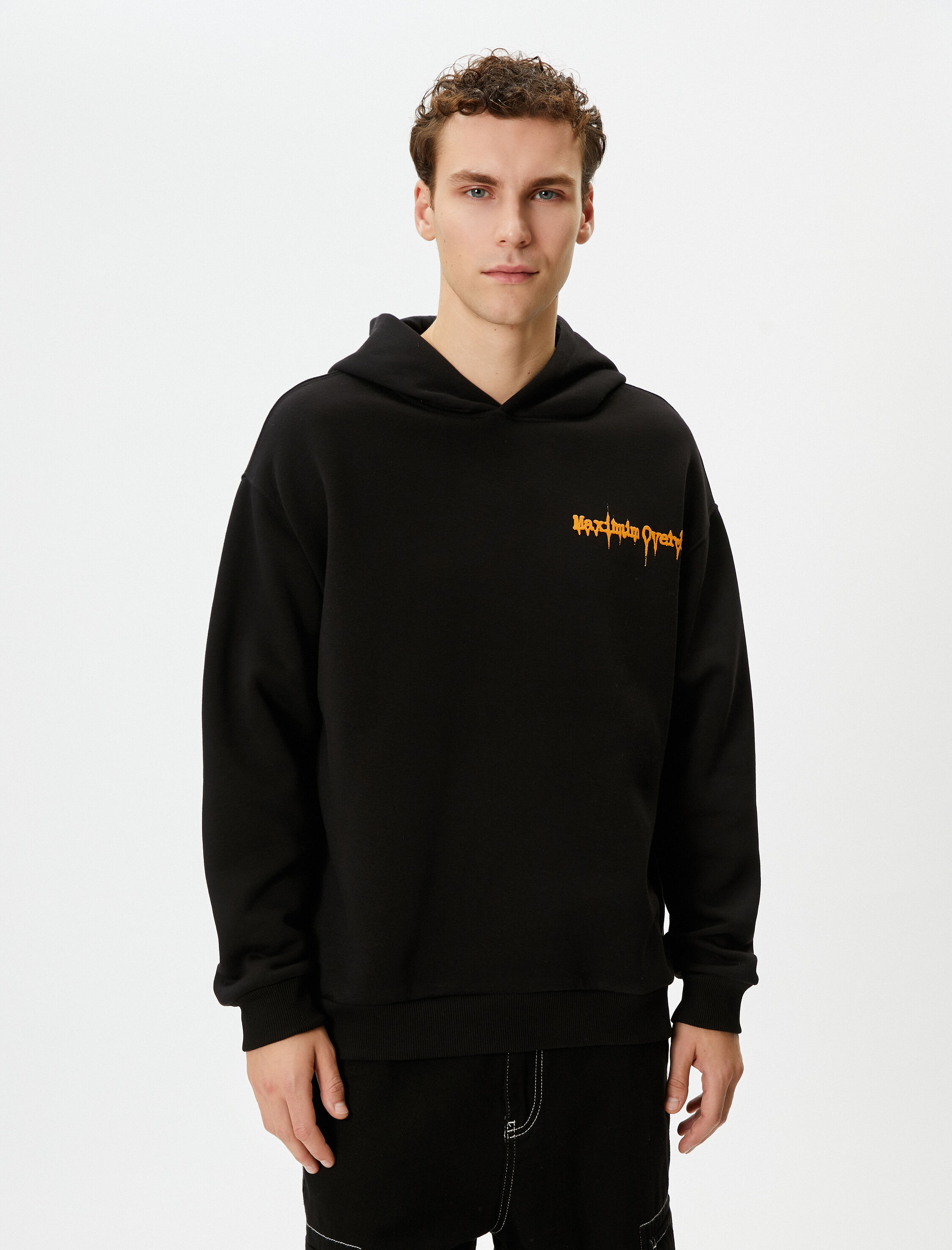   Oversize Hoodie Arkası Baskılı Kuru Kafa Temalı Sloganlı Şardonlu