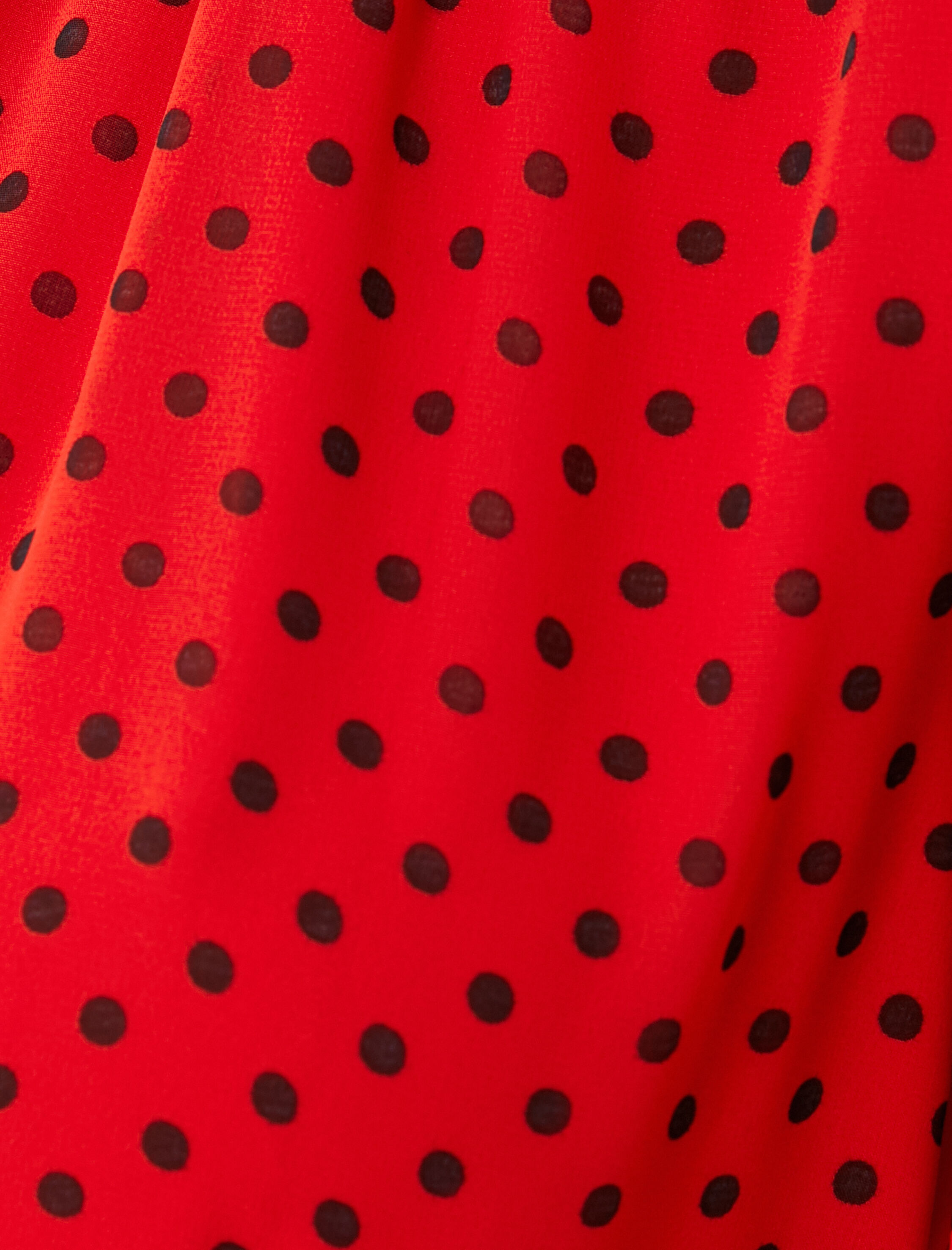   Midi Puantiyeli Elbise Dik Yaka Kemer Detaylı Balon Kollu