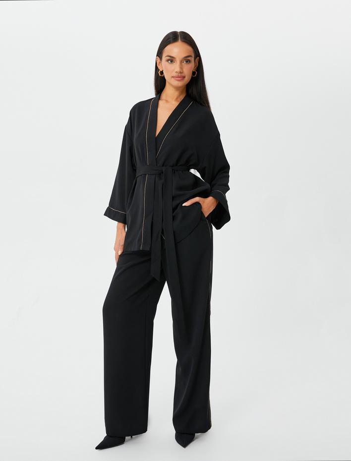  Kimono Kuşaklı Işıltılı Şerit Detaylı