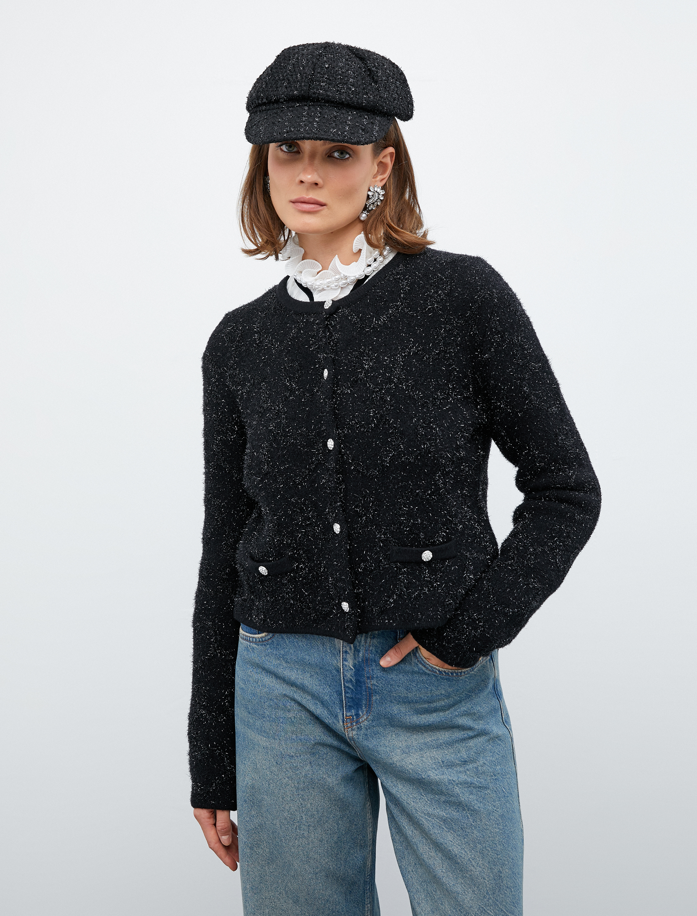   Melis Ağazat X Koton - Taş Düğmeli Simli Dokulu Hırka