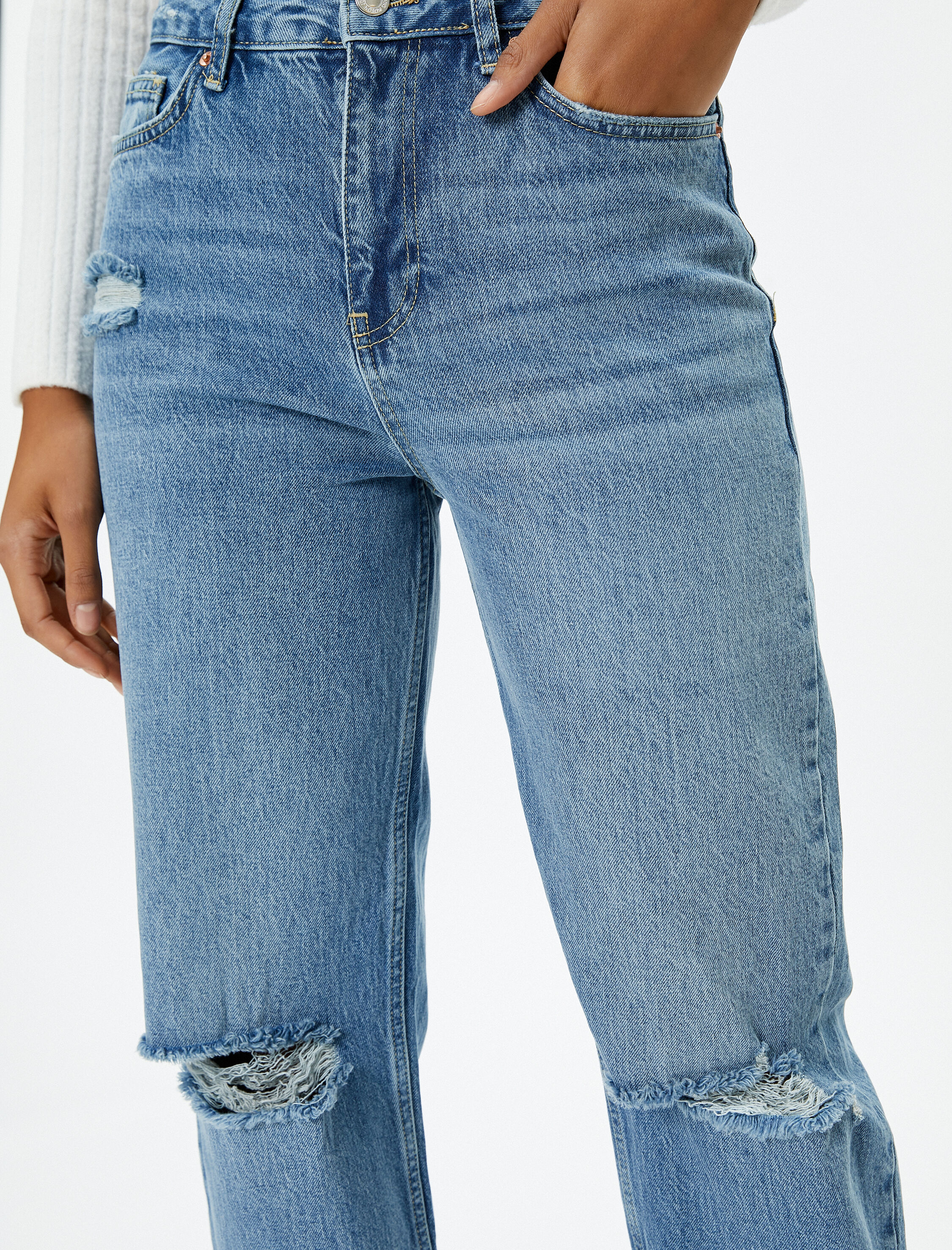   Yüksek Bel Yırtık Straight Jean Kot Pantolon Düz Paça  - Eve Jean