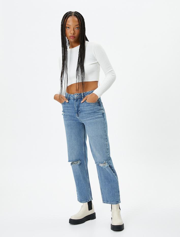  Yüksek Bel Yırtık Straight Jean Kot Pantolon Düz Paça  - Eve Jean