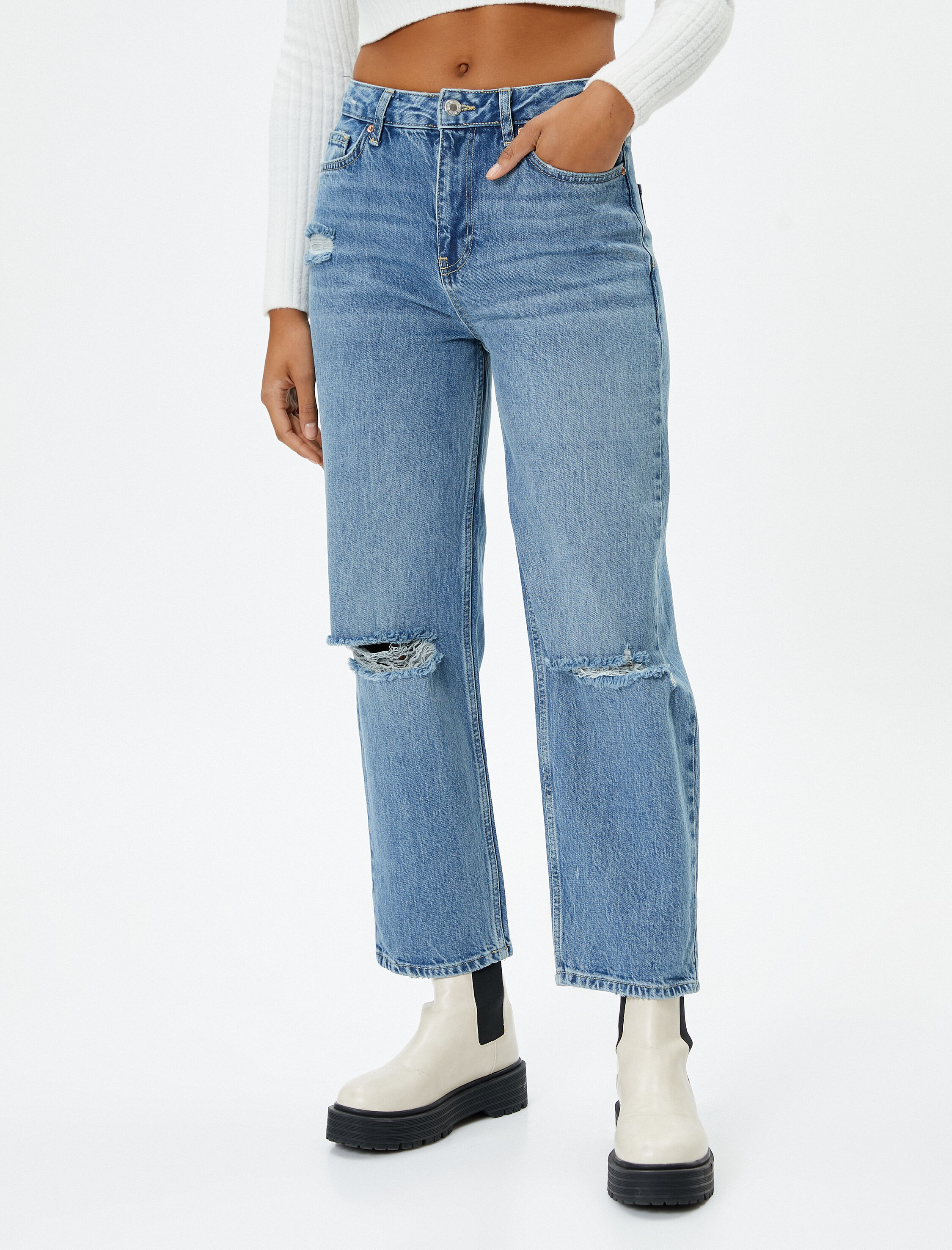   Yüksek Bel Yırtık Straight Jean Kot Pantolon Düz Paça  - Eve Jean