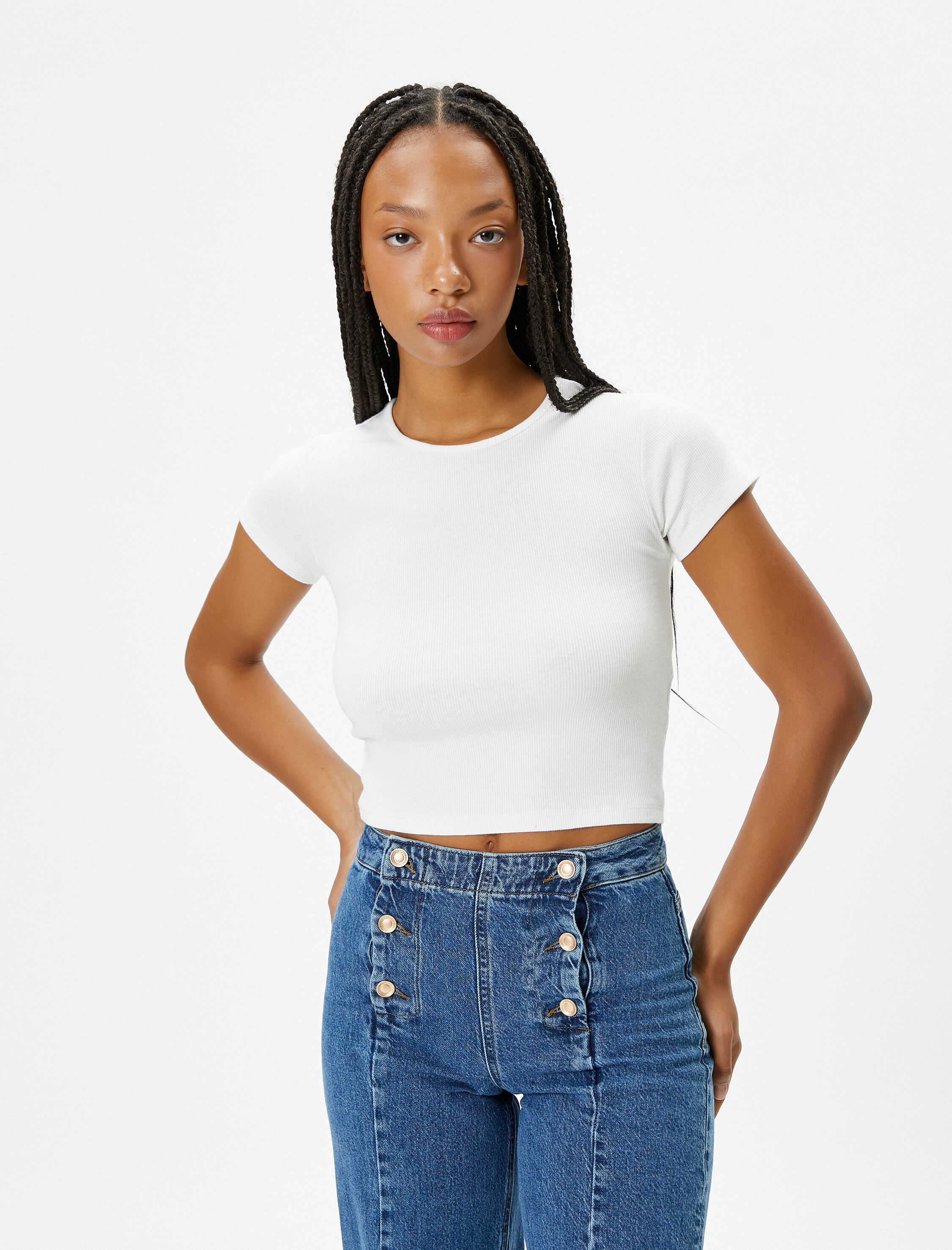   Crop Basic Tişört Kısa Kollu Yuvarlak Yaka Pamuklu