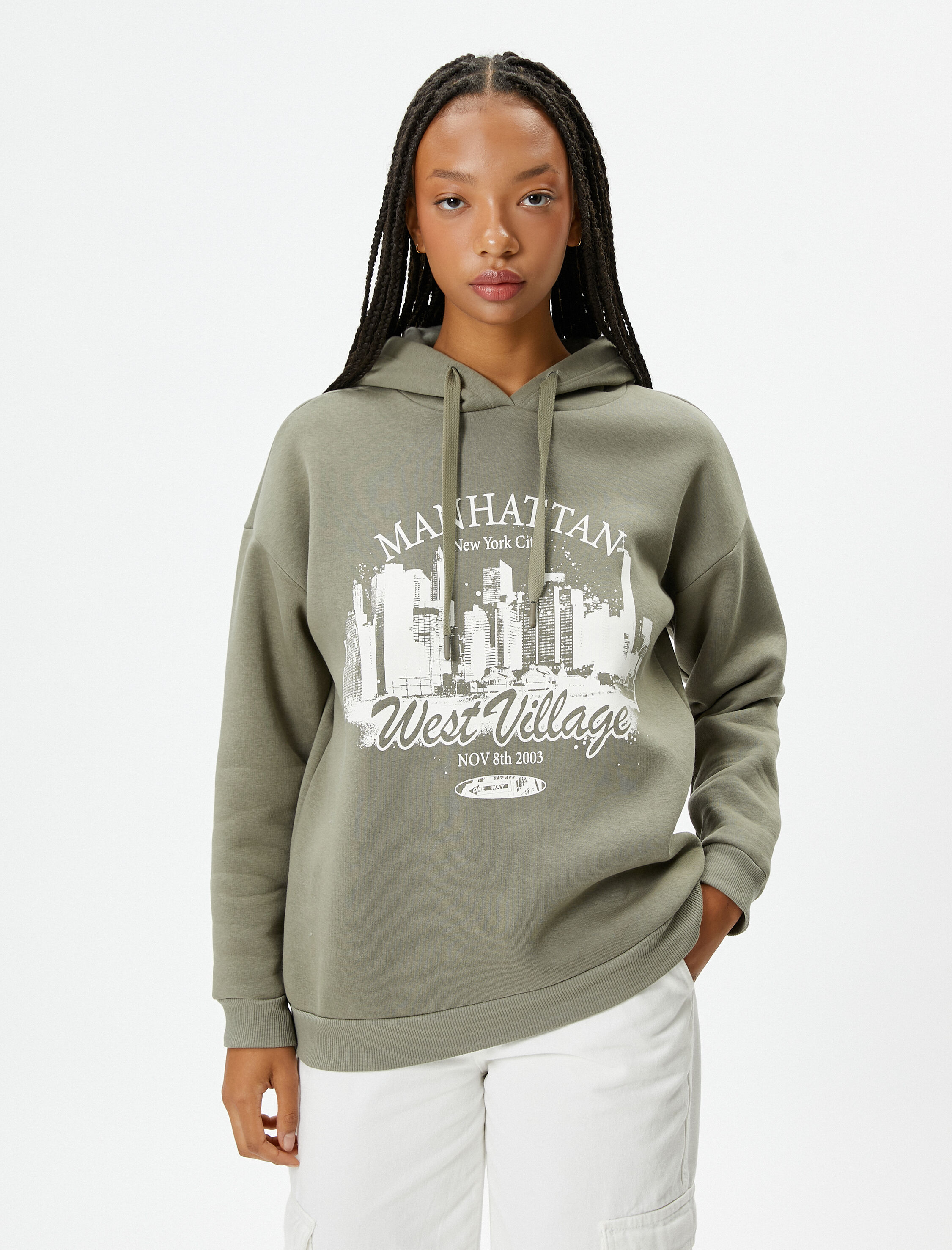   Şardonlu Kolej Kapşonlu Sweatshirt Baskılı Pamuklu Uzun Kollu Rahat Kalıp