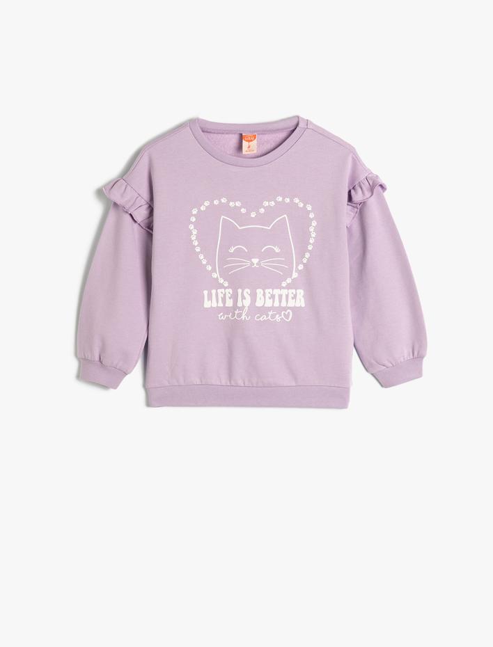 Kız Bebek Sweatshirt Kedi Baskı Detaylı Uzun Kollu Bisiklet Yaka Şardonlu Pamuklu