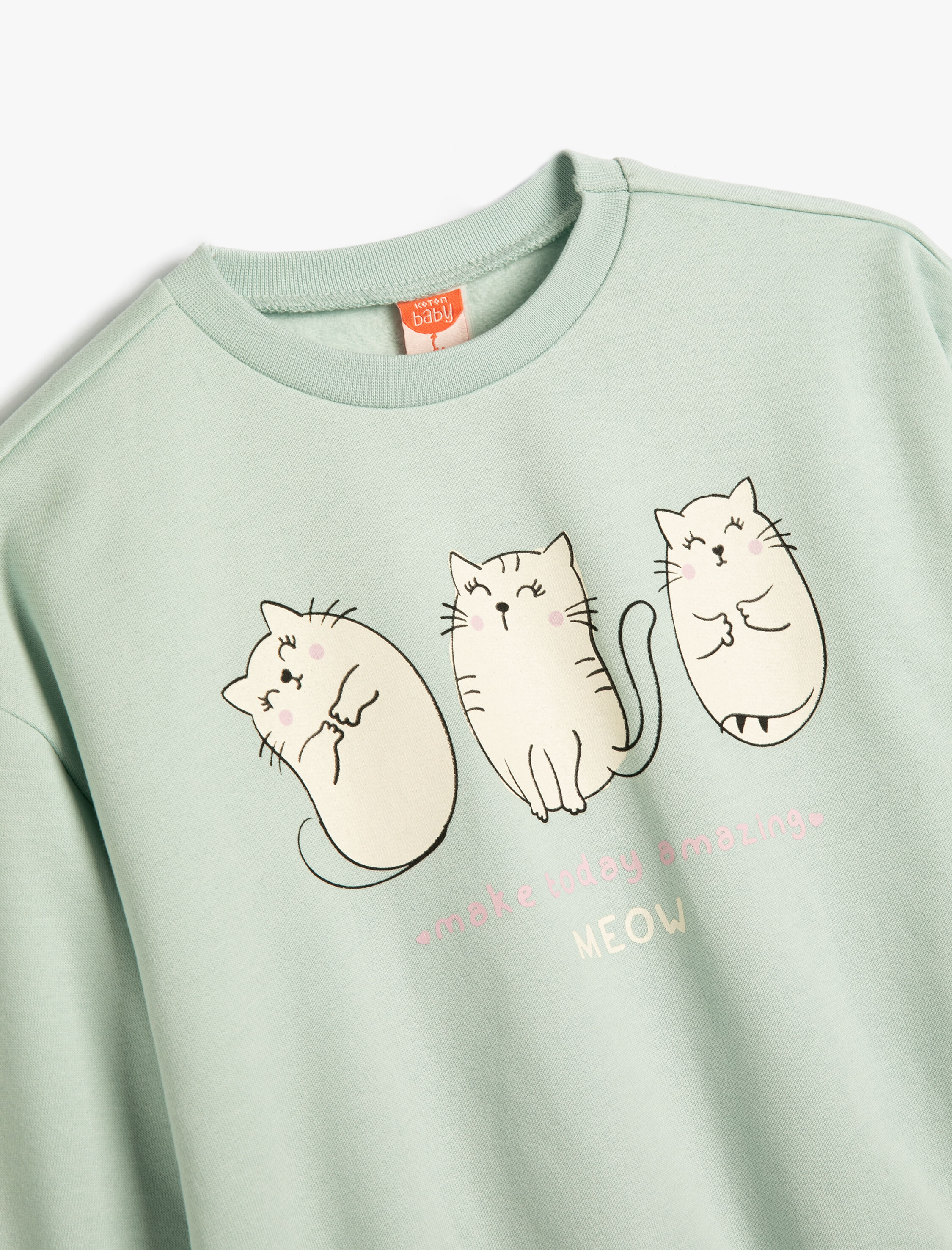  Kız Bebek Sweatshirt Kedi Baskı Detaylı Uzun Kollu Bisiklet Yaka Şardonlu Pamuklu