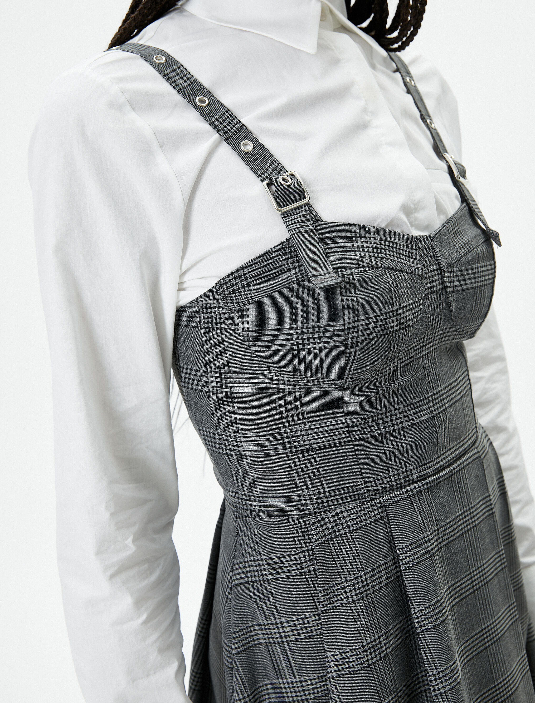   Mini Salopet Pileli Elbise Ayarlanabilir Askılı Kalp Yaka Slim Fit