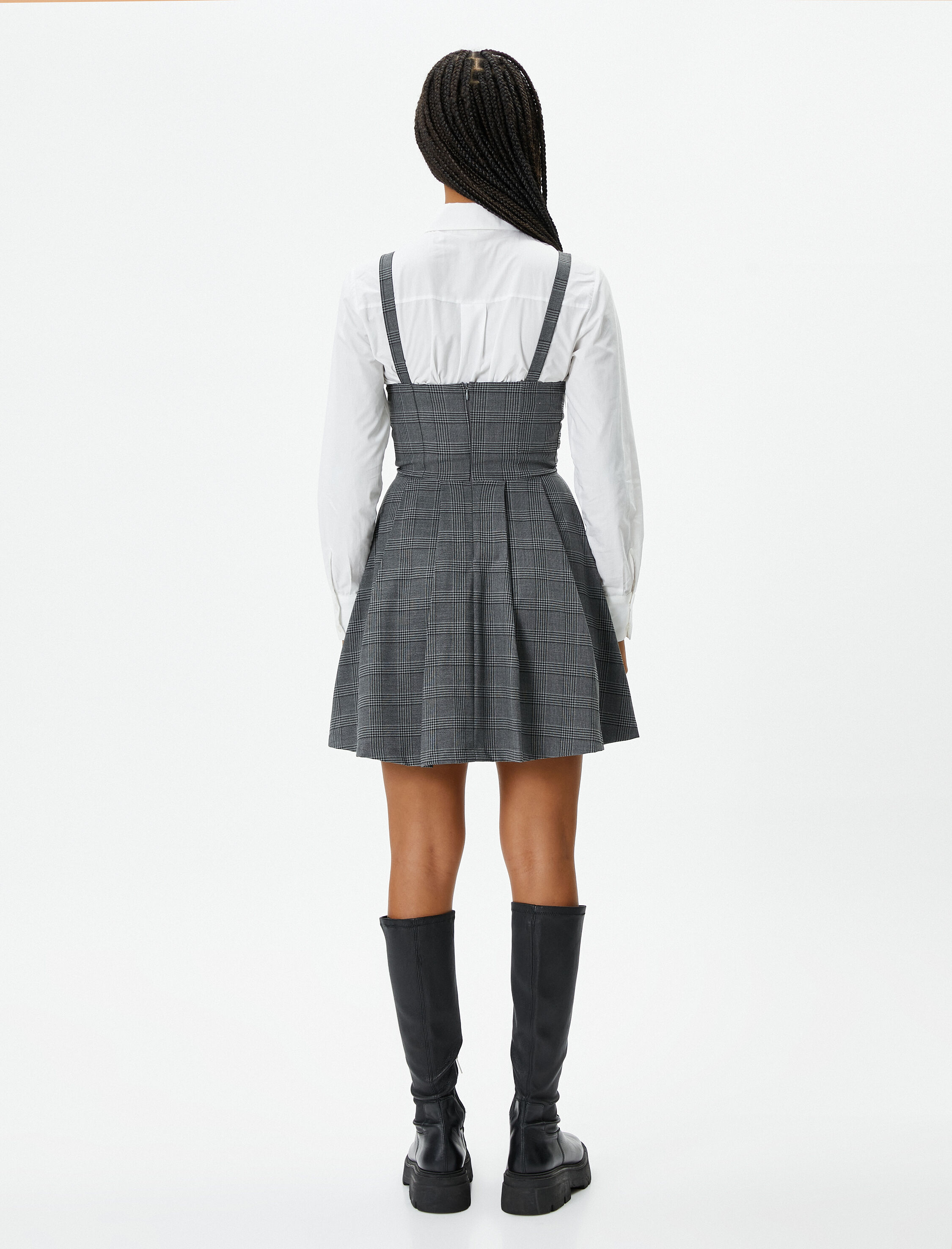   Mini Salopet Pileli Elbise Ayarlanabilir Askılı Kalp Yaka Slim Fit