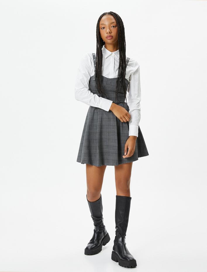  Mini Salopet Pileli Elbise Ayarlanabilir Askılı Kalp Yaka Slim Fit