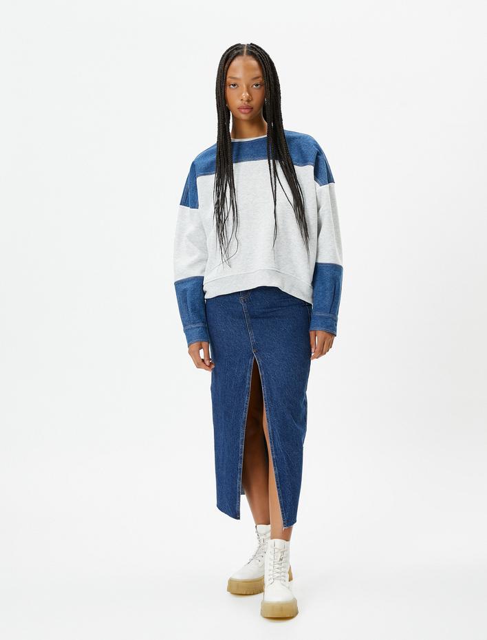  Manşetli Kot Kumaş Detaylı Sweatshirt Bisiklet Yaka Şardonlu