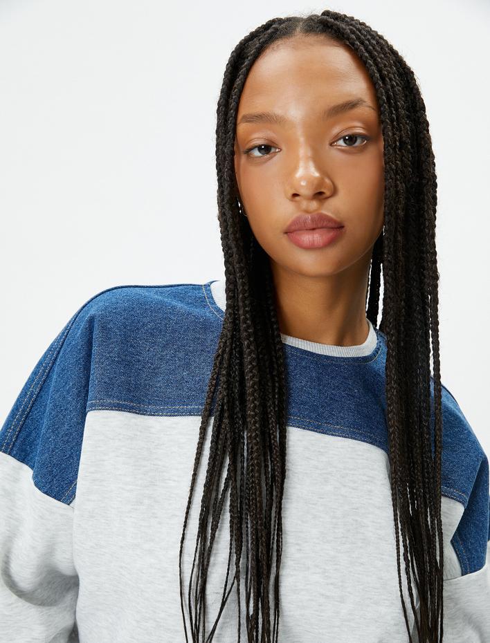  Manşetli Kot Kumaş Detaylı Sweatshirt Bisiklet Yaka Şardonlu