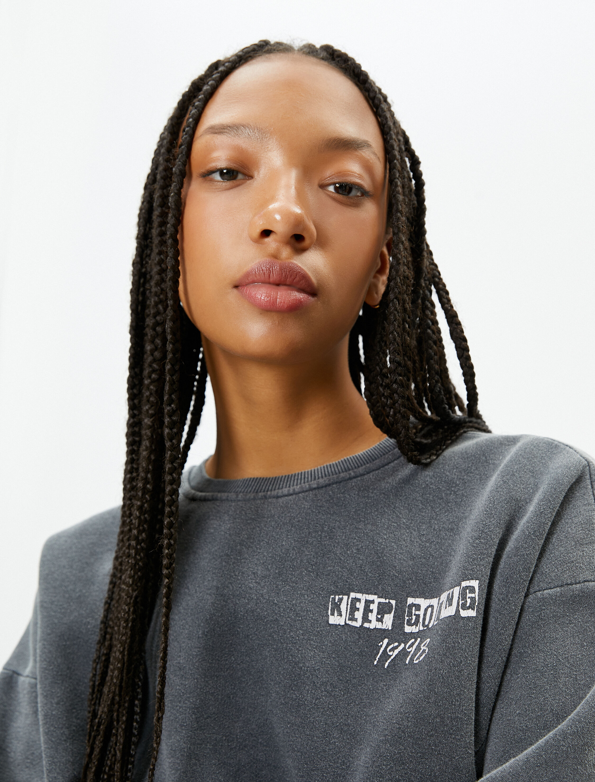   Arkası Baskılı Sweatshirt Soluk Efektli Bisiklet Yaka Şardonlu Pamuklu