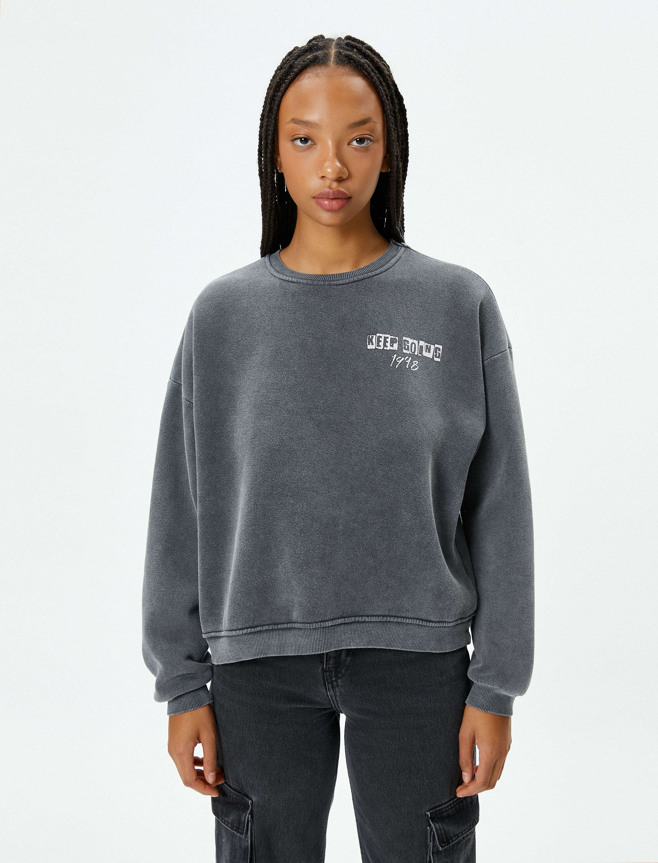   Arkası Baskılı Sweatshirt Soluk Efektli Bisiklet Yaka Şardonlu Pamuklu