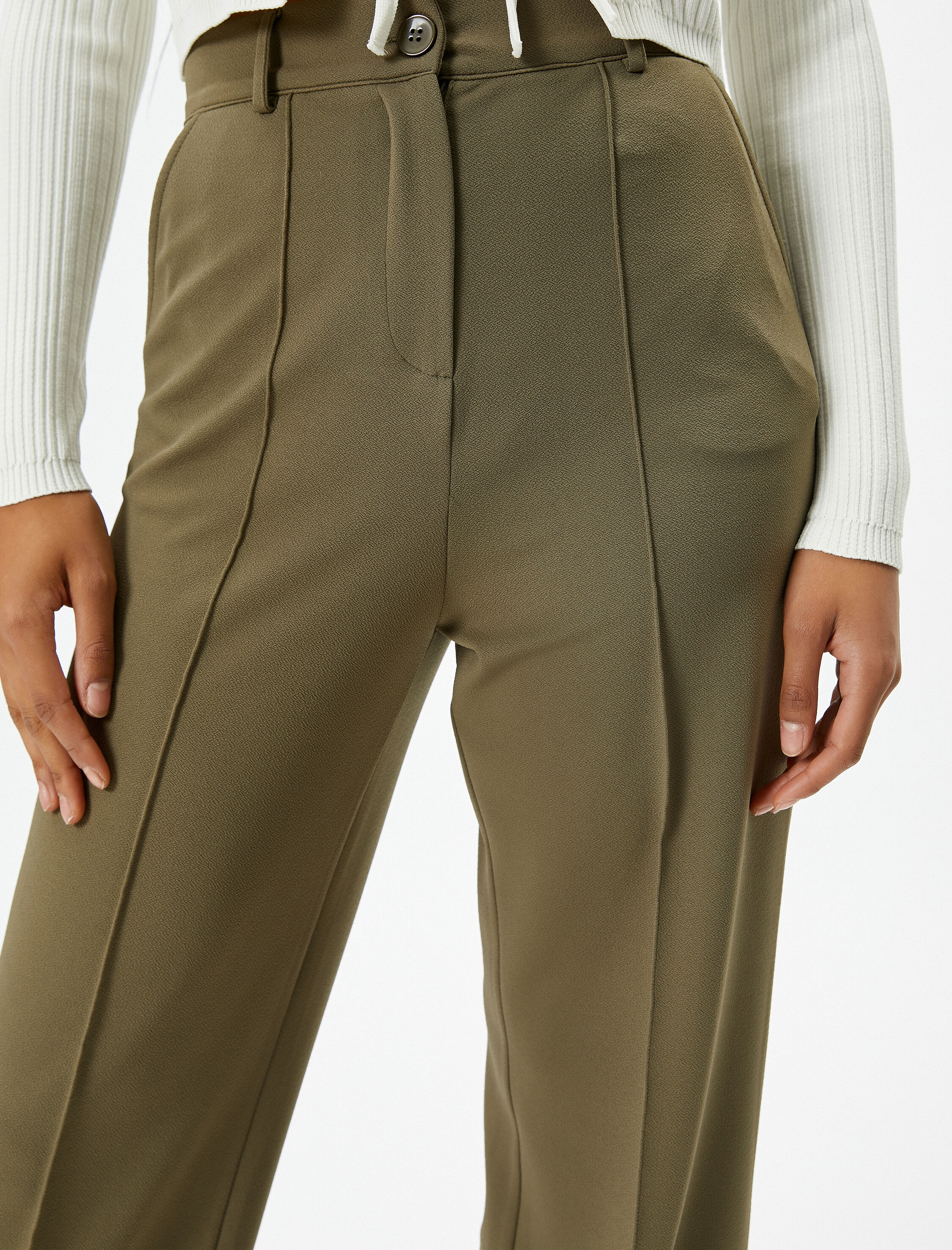   Geniş Paça Kumaş Pantolon Yüksek Bel Rahat Kalıp Nervür Detaylı Cepli