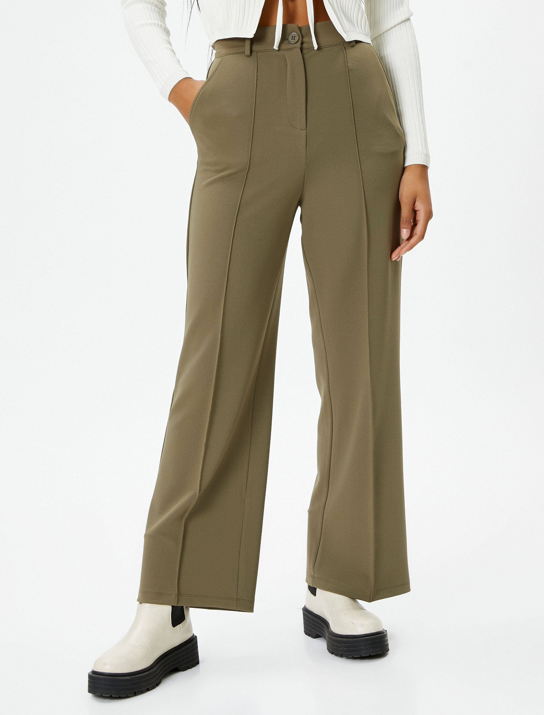   Geniş Paça Kumaş Pantolon Yüksek Bel Rahat Kalıp Nervür Detaylı Cepli