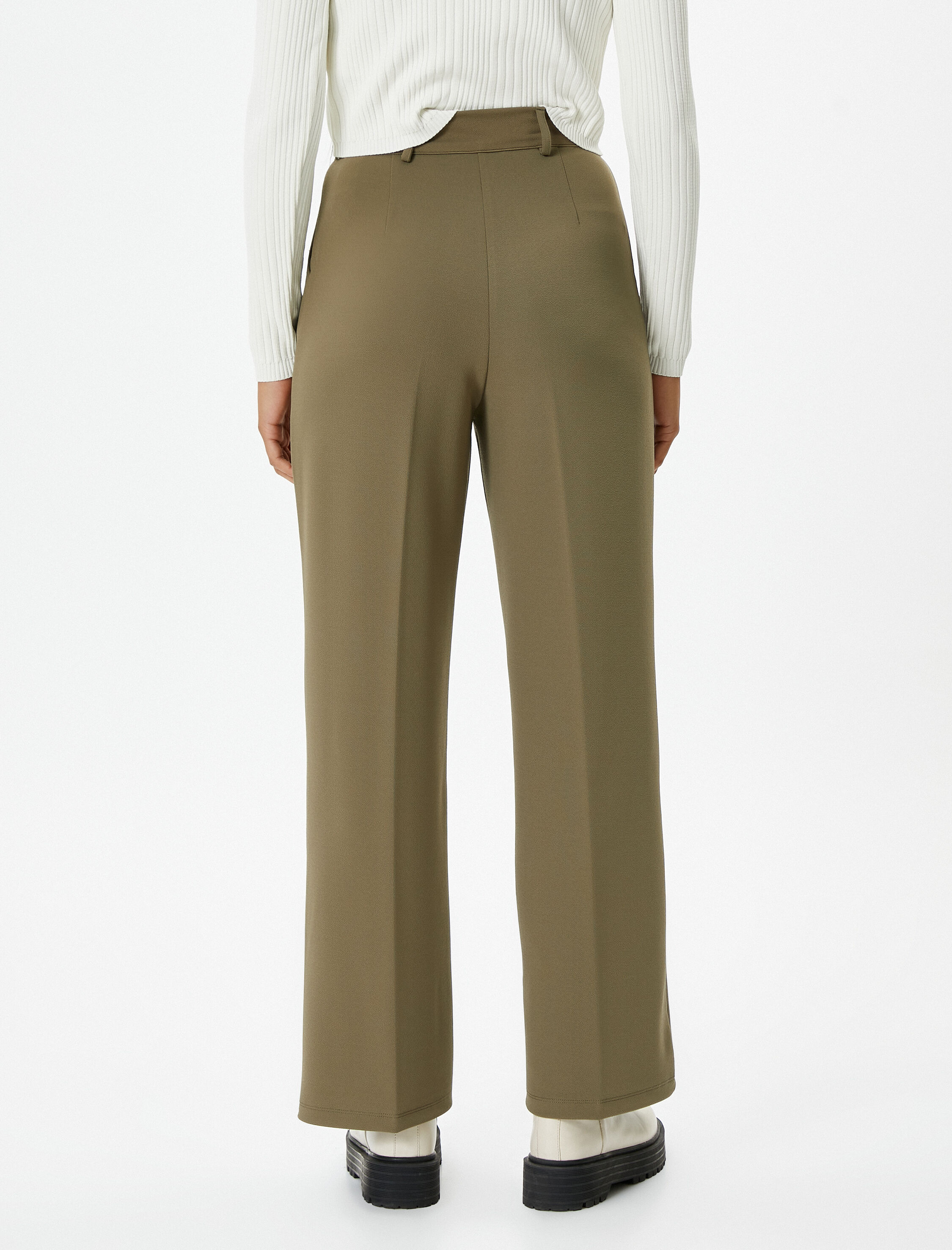   Geniş Paça Kumaş Pantolon Yüksek Bel Rahat Kalıp Nervür Detaylı Cepli