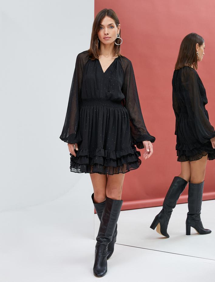  Fırfırlı Şifon Elbise Balon Kollu V Yaka Gipeli