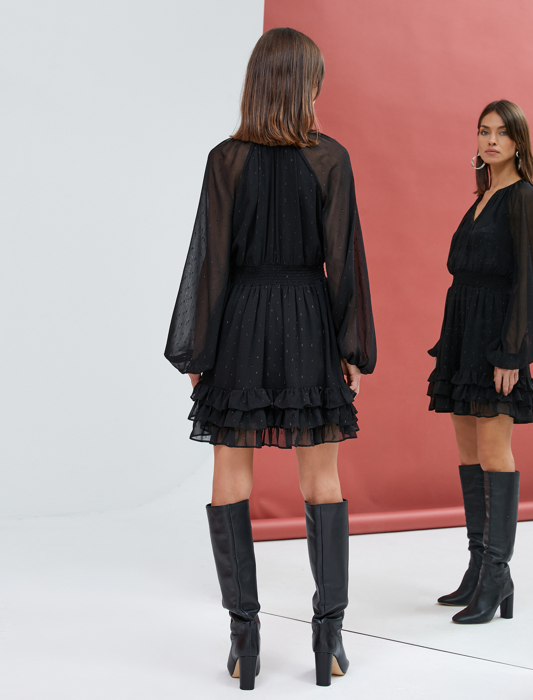   Fırfırlı Şifon Elbise Balon Kollu V Yaka Gipeli