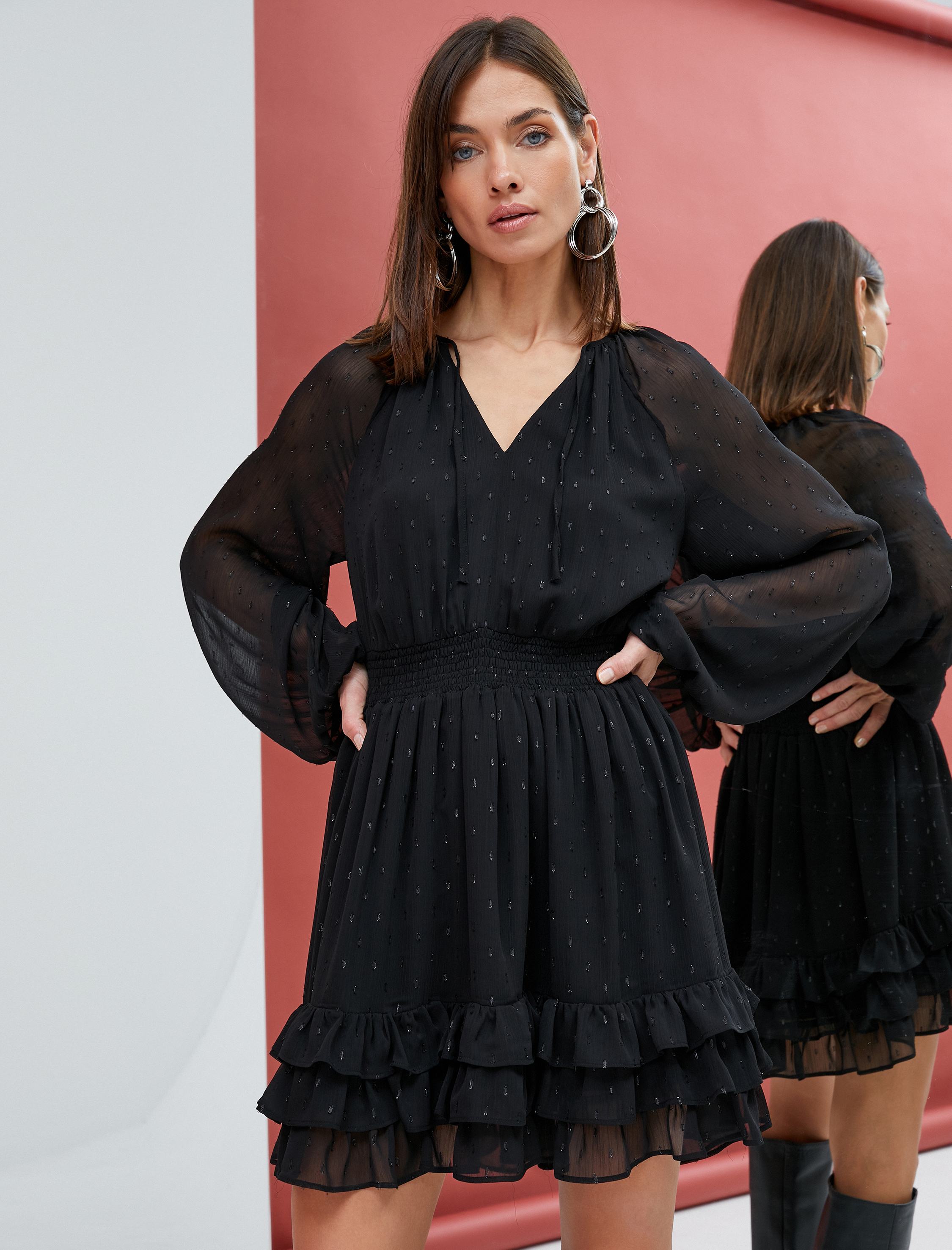   Fırfırlı Şifon Elbise Balon Kollu V Yaka Gipeli