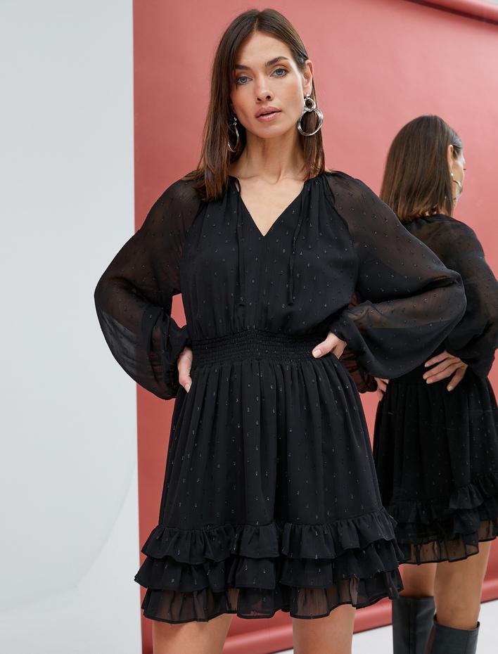  Fırfırlı Şifon Elbise Balon Kollu V Yaka Gipeli