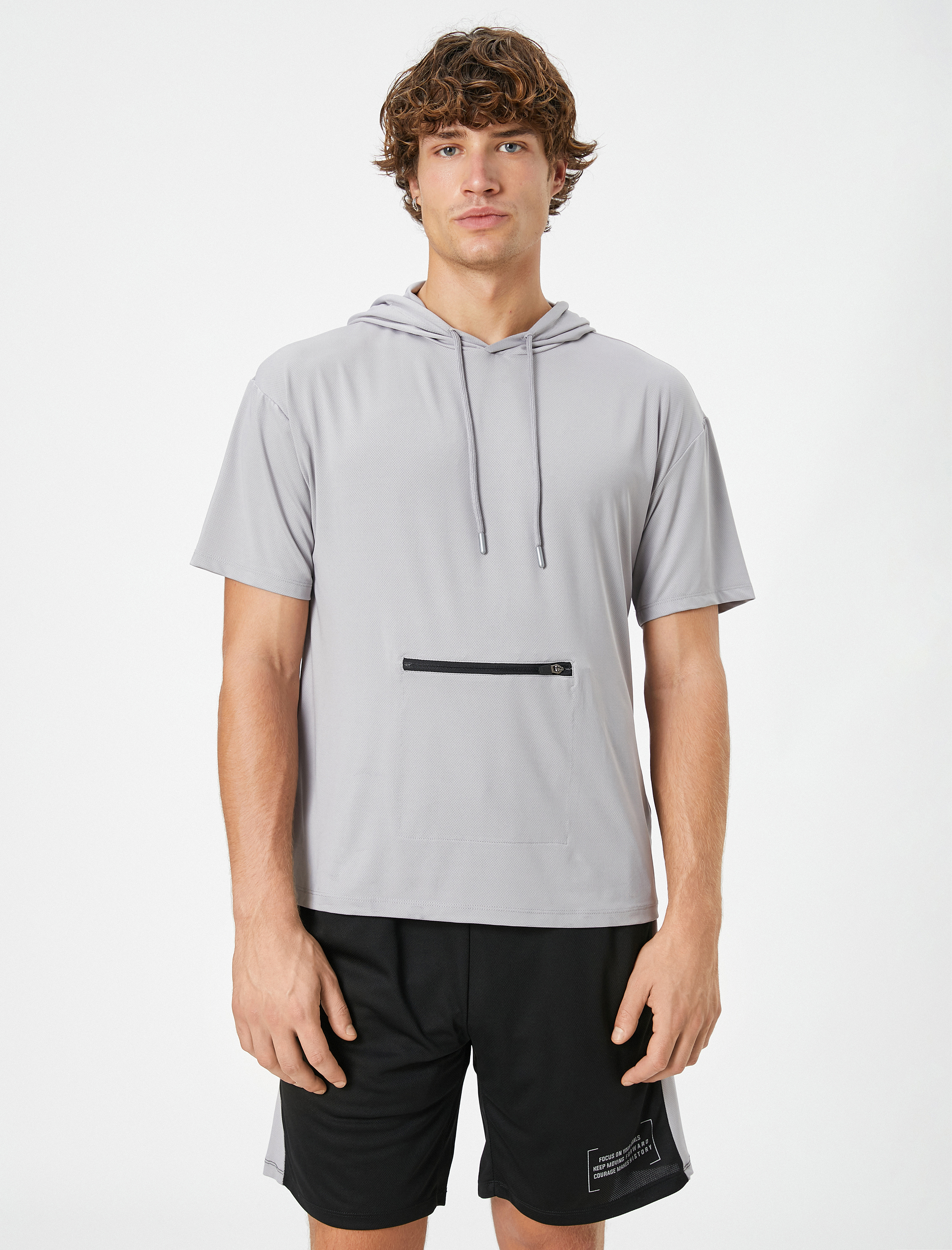   Spor Tişört Kapşonlu Fermuar Cepli Kısa Kollu