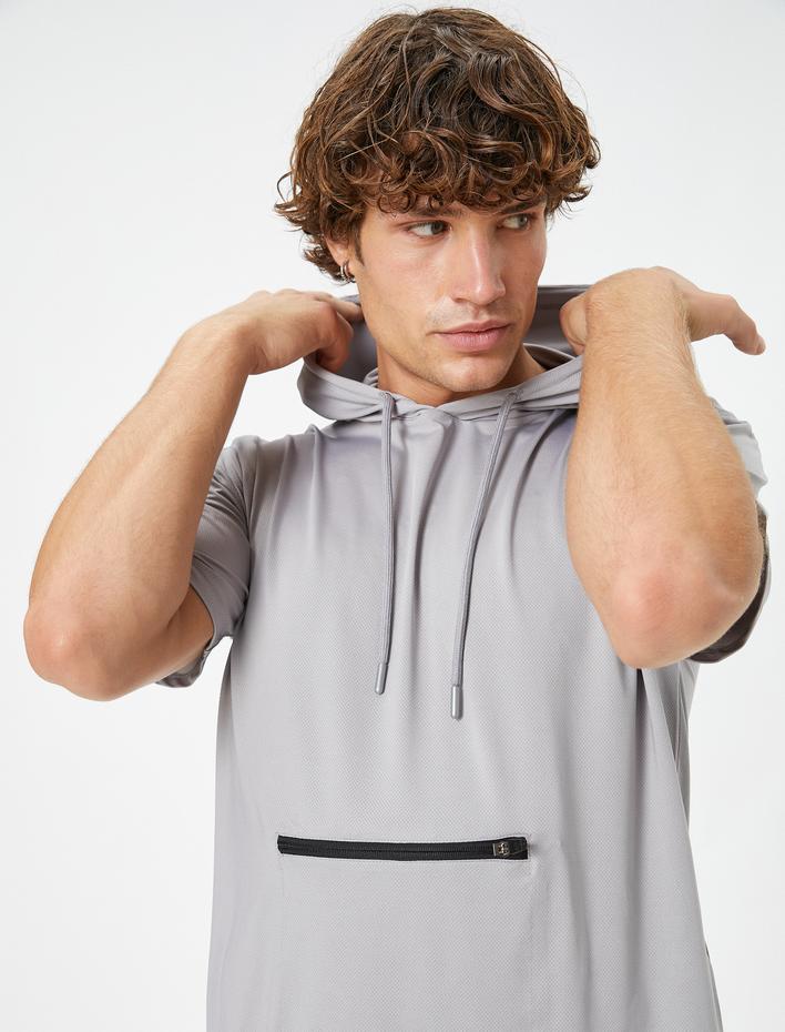  Spor Tişört Kapşonlu Fermuar Cepli Kısa Kollu