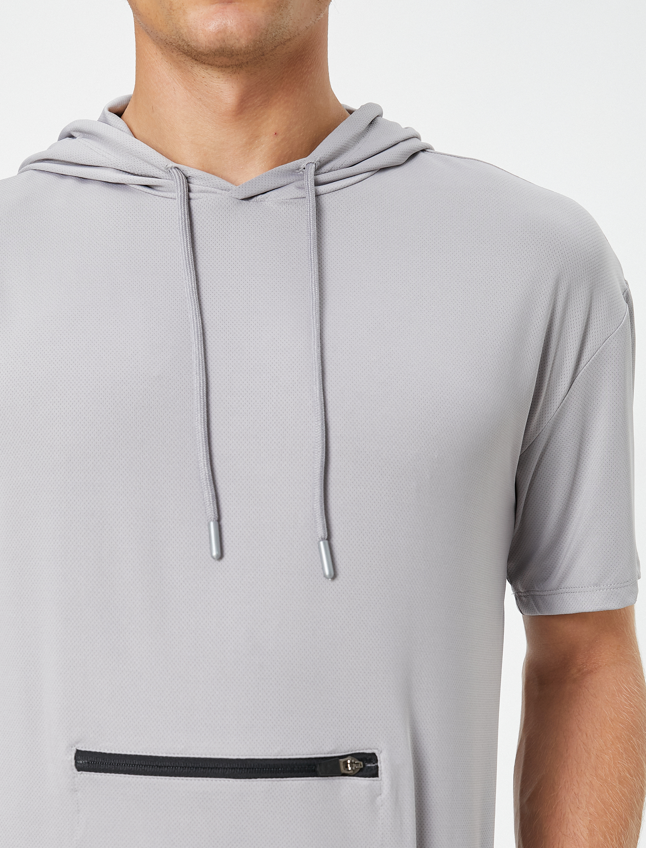   Spor Tişört Kapşonlu Fermuar Cepli Kısa Kollu