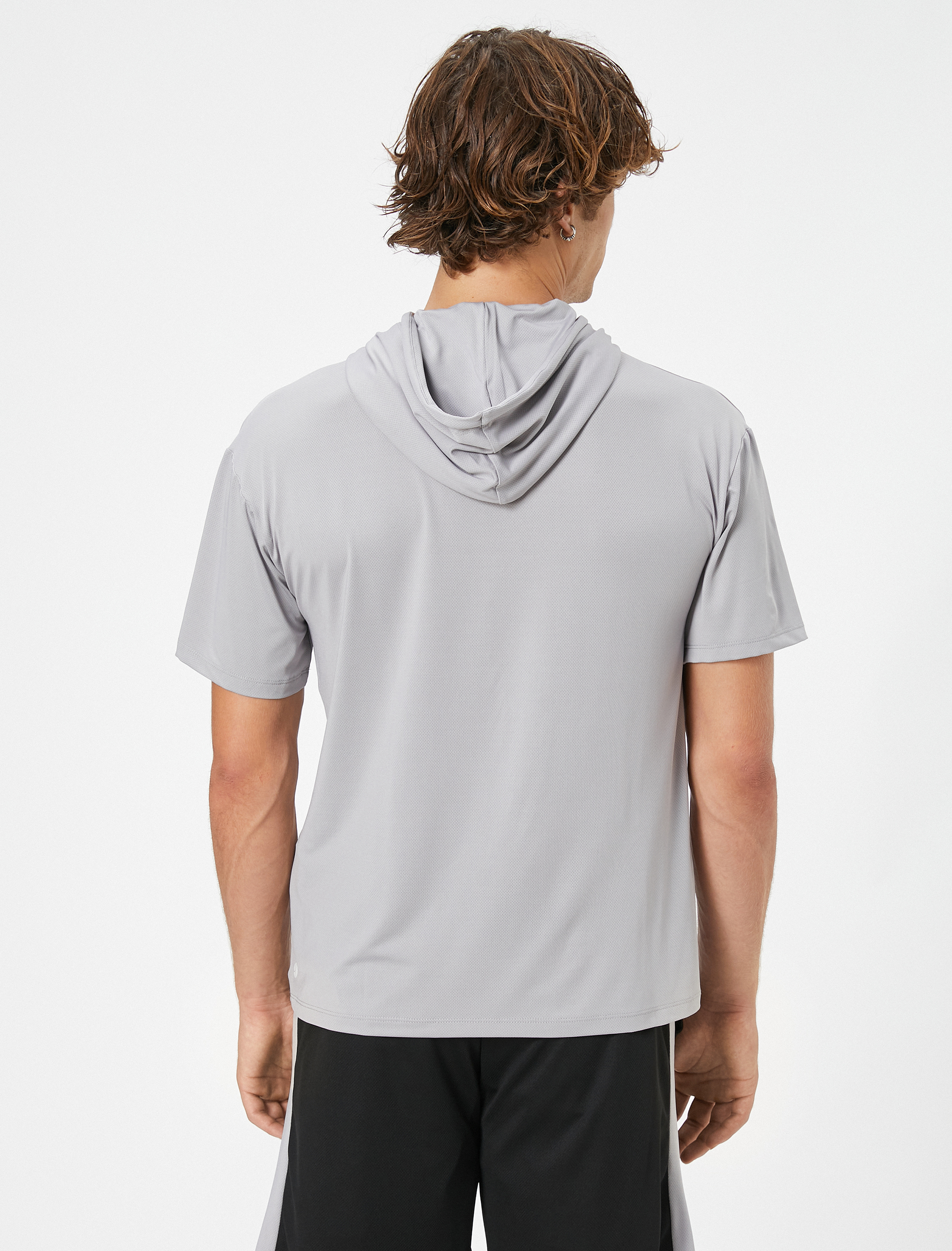   Spor Tişört Kapşonlu Fermuar Cepli Kısa Kollu