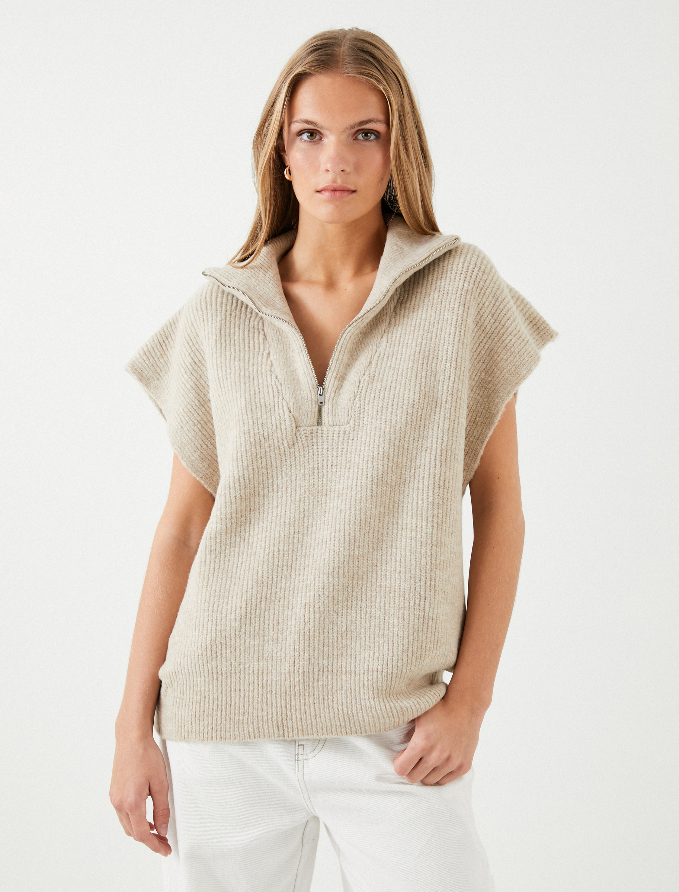   Örgü Süveter Yarım Fermuarlı Dik Yaka Ribanalı