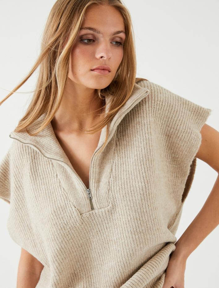  Örgü Süveter Yarım Fermuarlı Dik Yaka Ribanalı