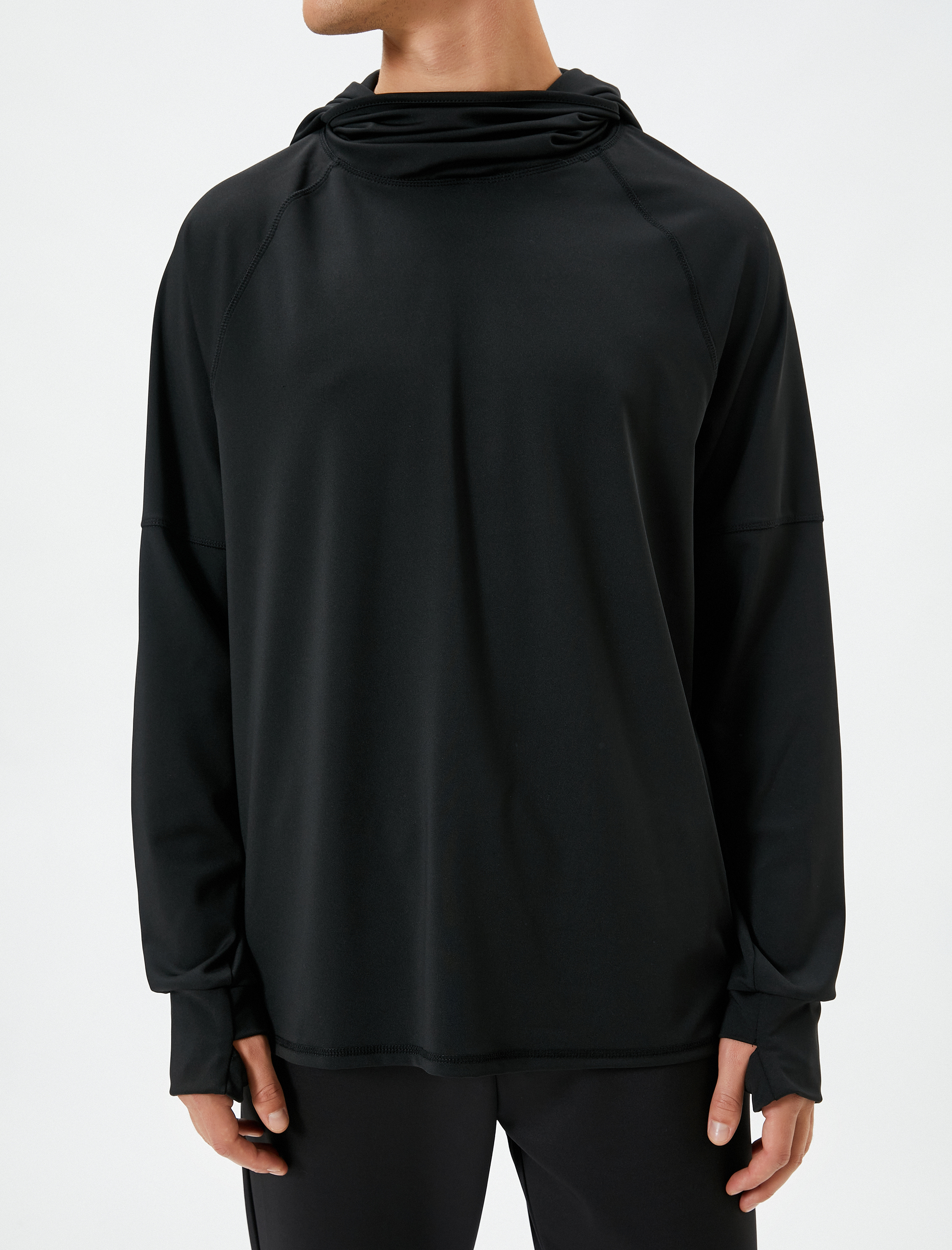   Kapşonlu Spor Sweatshirt Dik Yaka Uzun Kollu