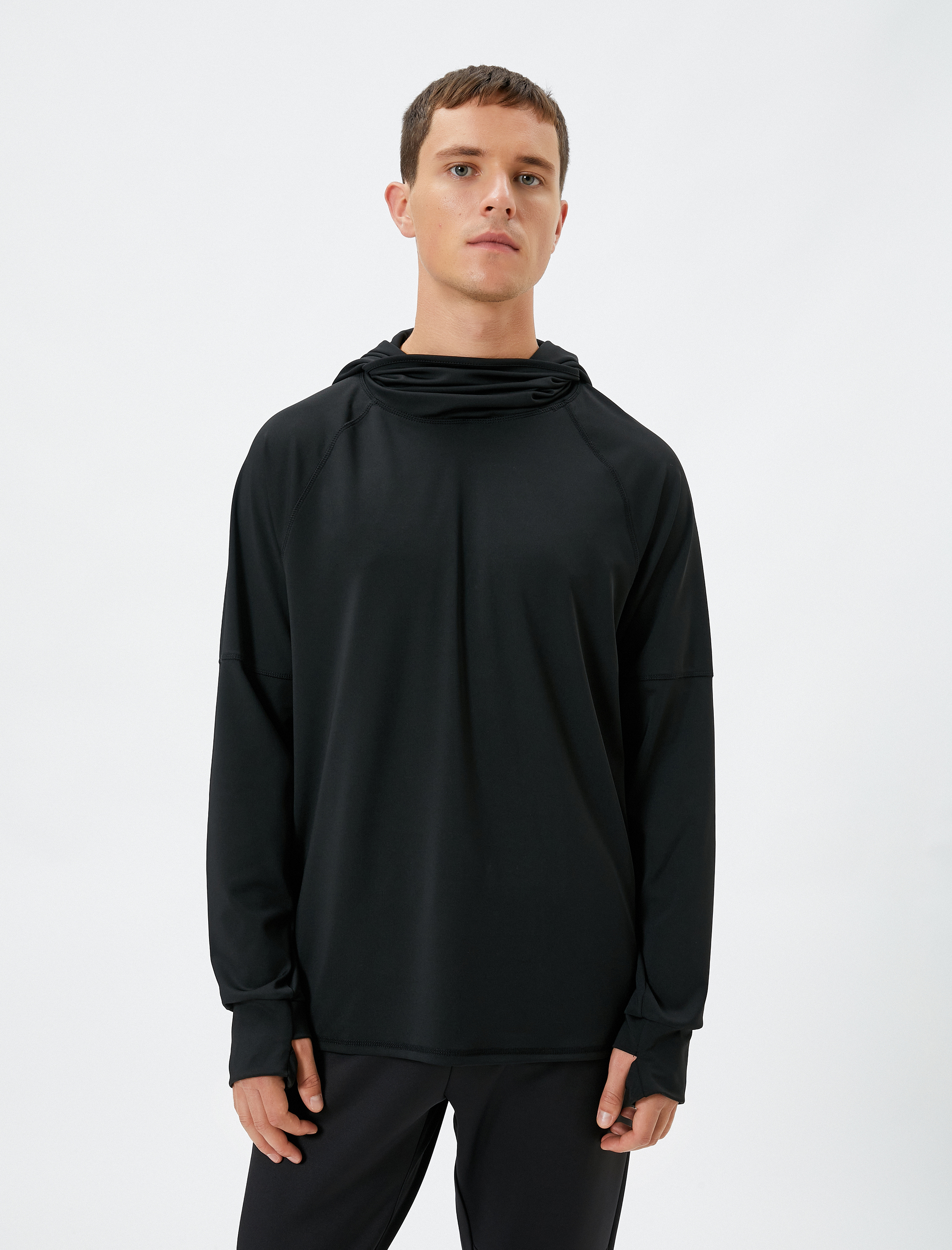   Kapşonlu Spor Sweatshirt Dik Yaka Uzun Kollu