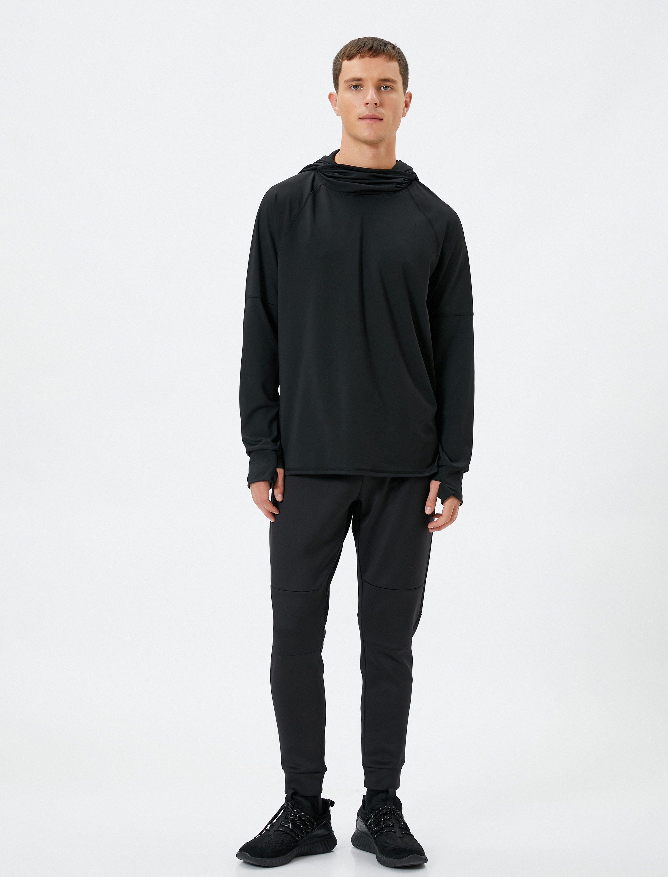   Kapşonlu Spor Sweatshirt Dik Yaka Uzun Kollu