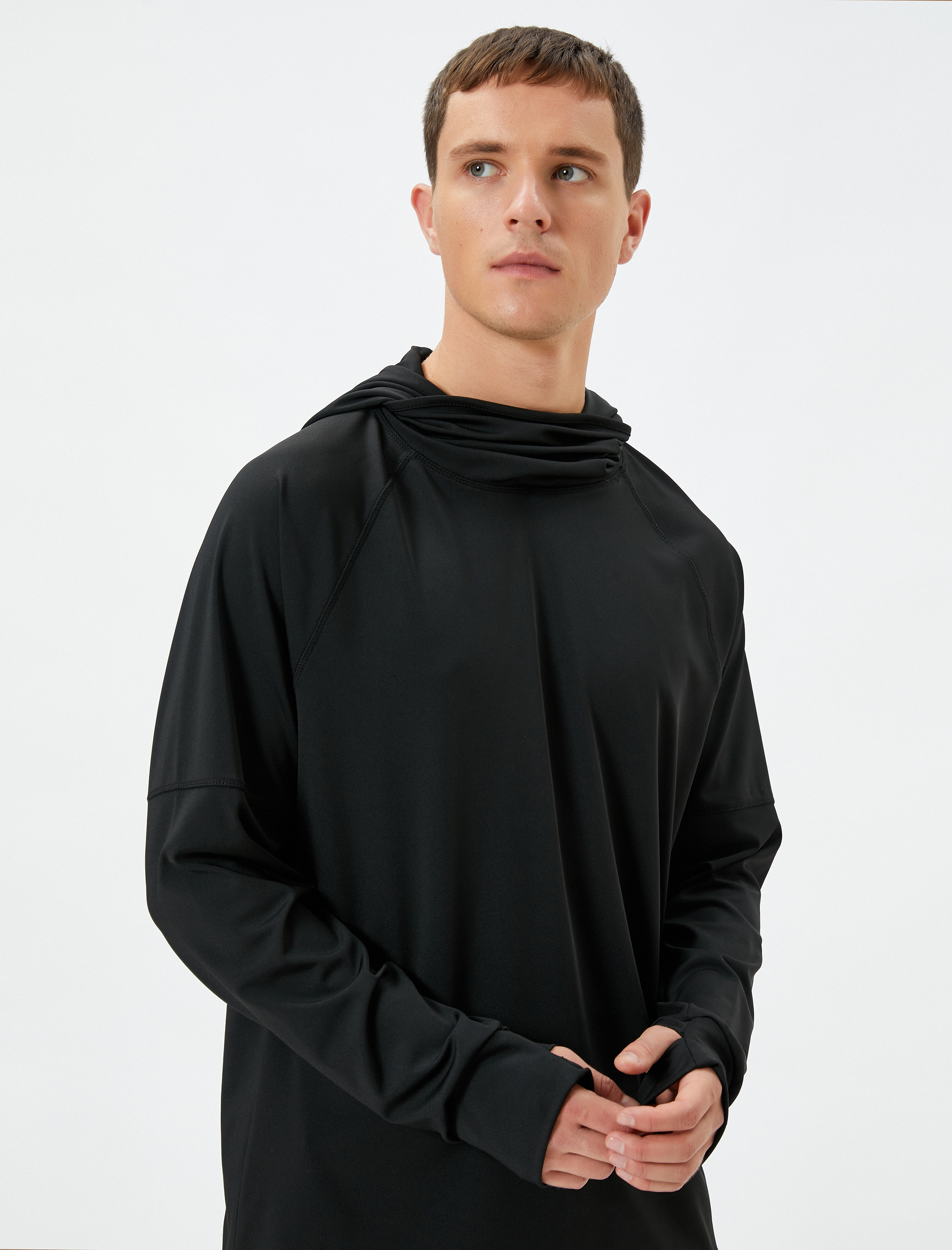   Kapşonlu Spor Sweatshirt Dik Yaka Uzun Kollu