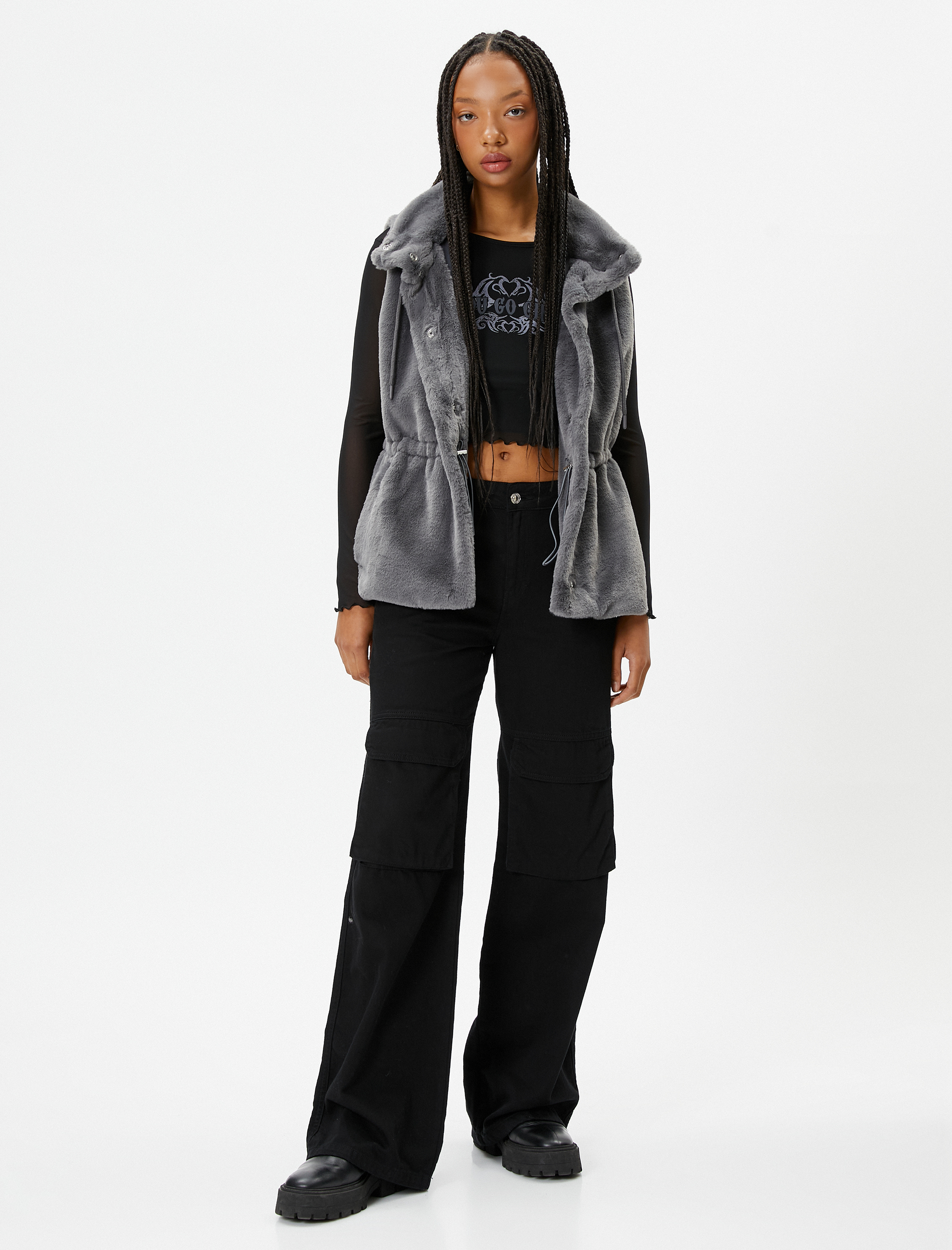   Peluş Yelek Kapşonlu Beli Lastik Detaylı Cepli