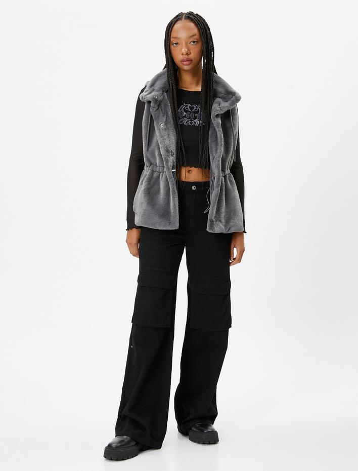  Peluş Yelek Kapşonlu Beli Lastik Detaylı Cepli