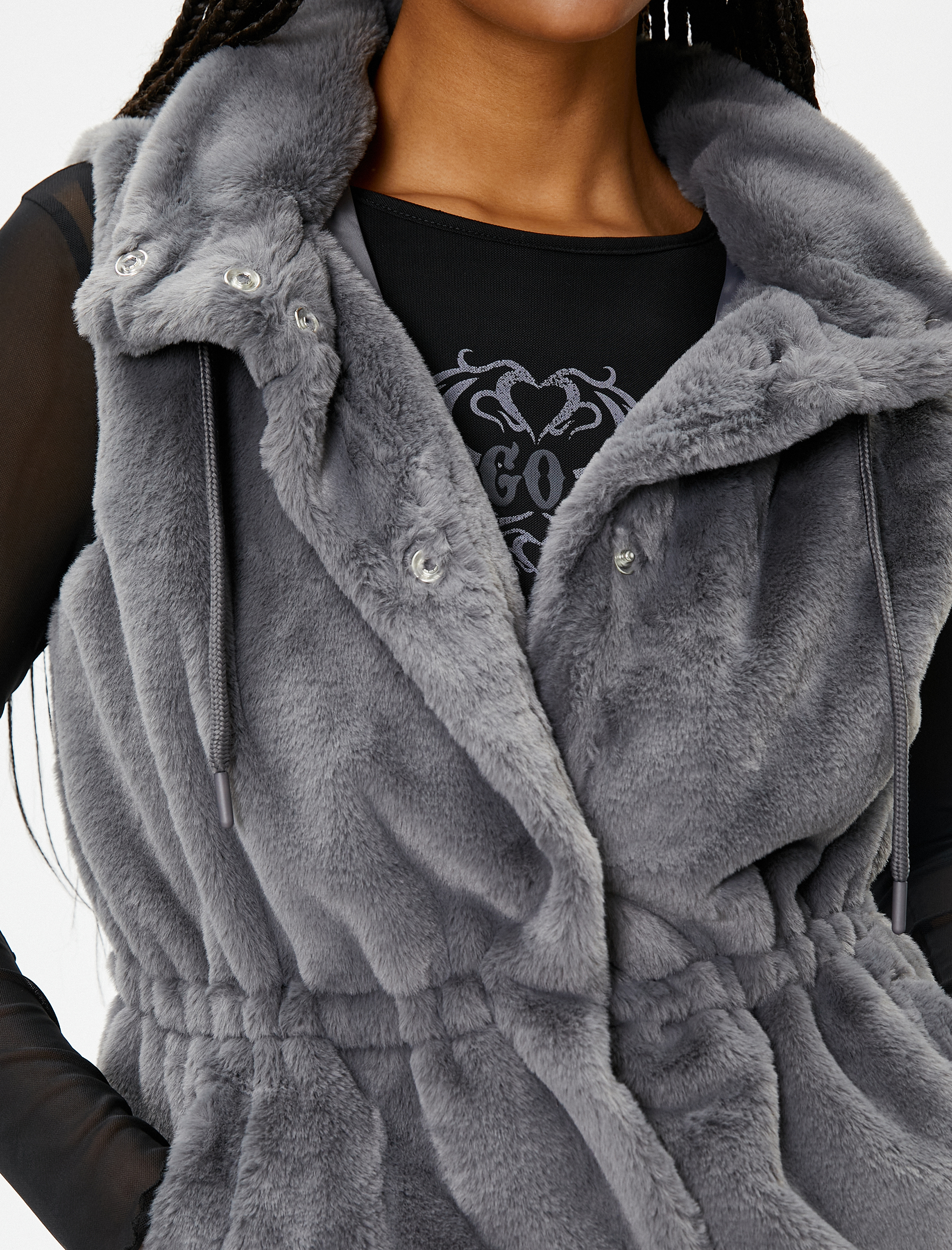   Peluş Yelek Kapşonlu Beli Lastik Detaylı Cepli